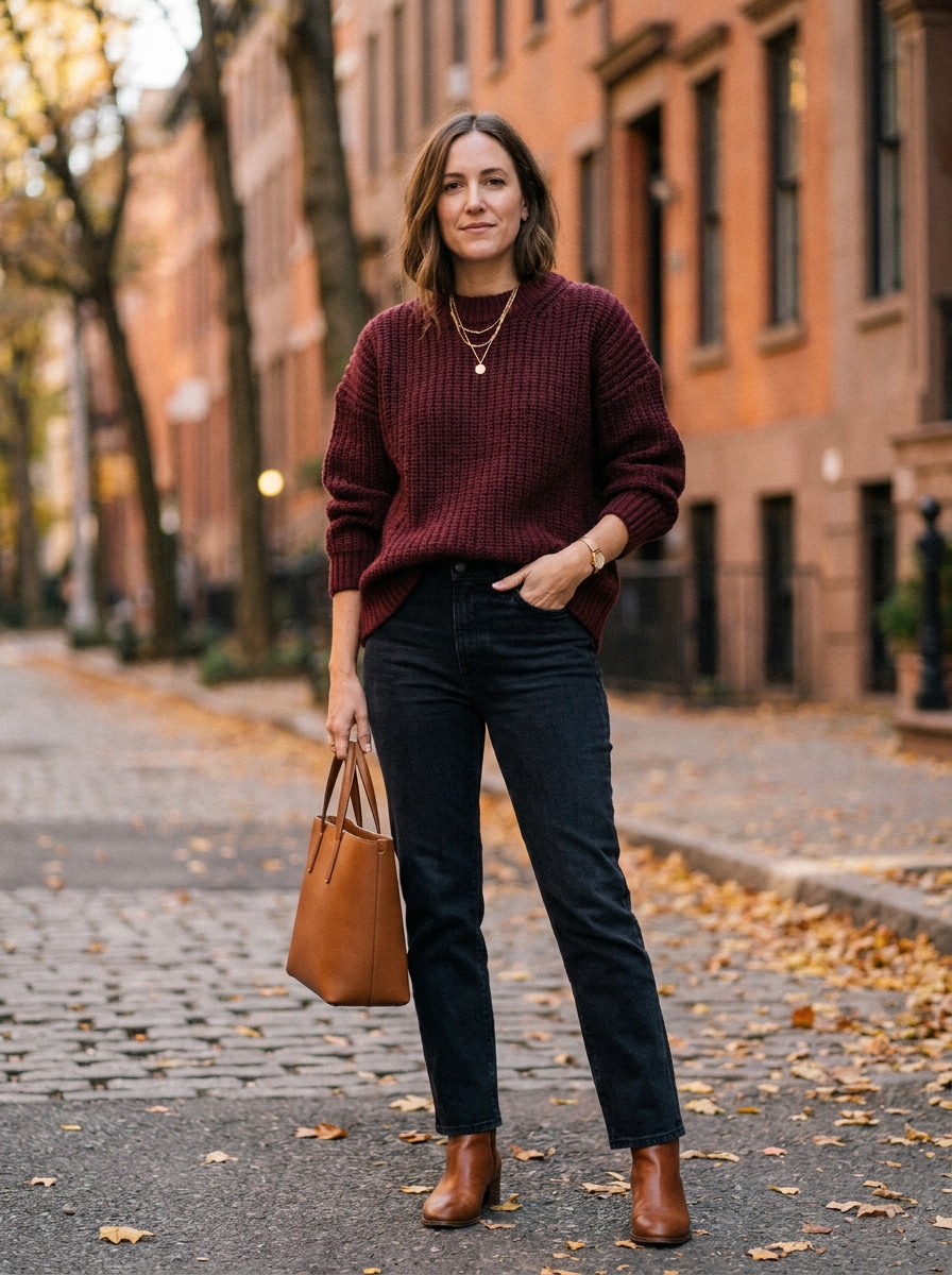 Burgundy Sweater With Dark-Wash Jeans