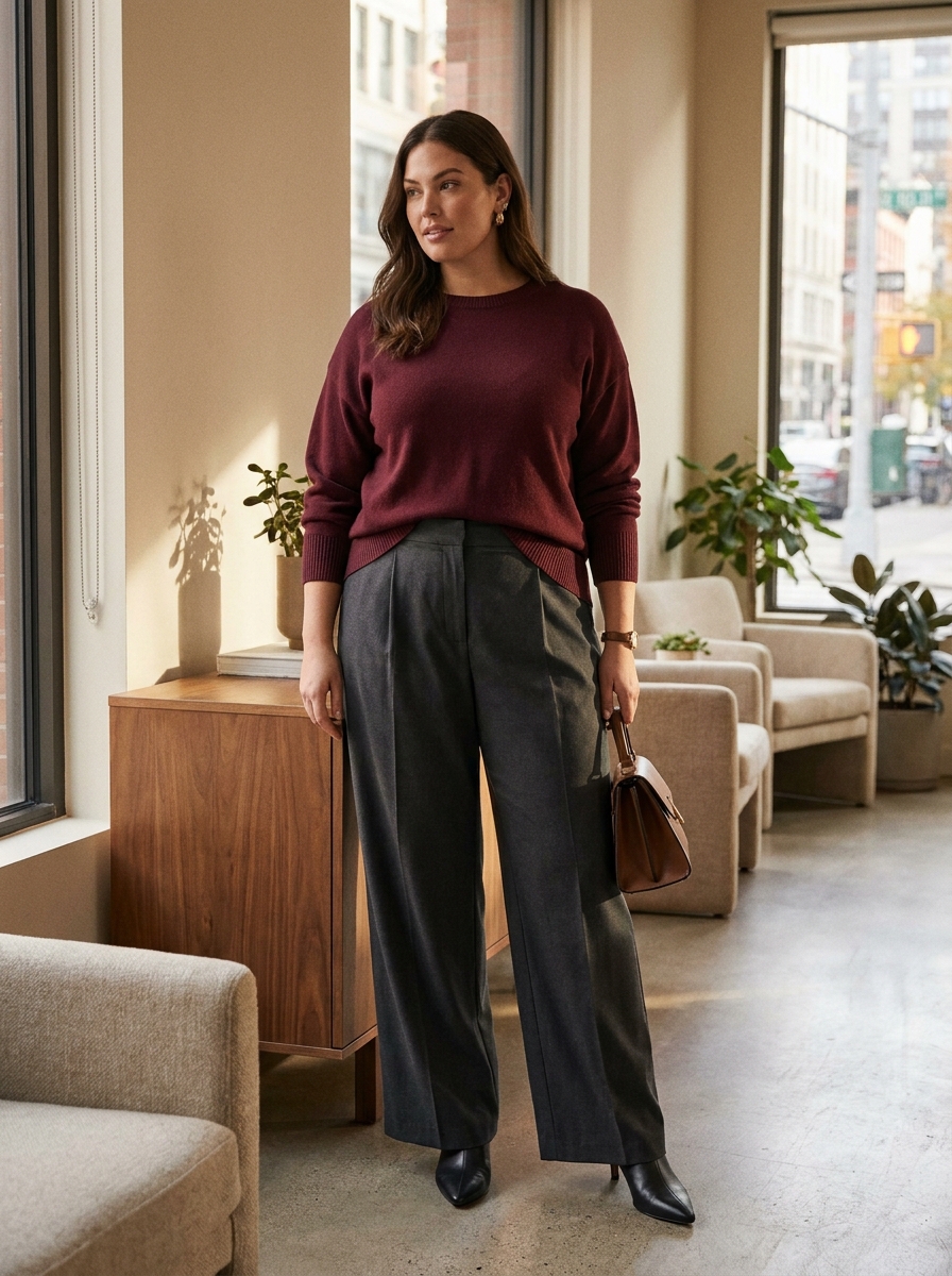 Burgundy Sweater With Wide-Leg Trousers
