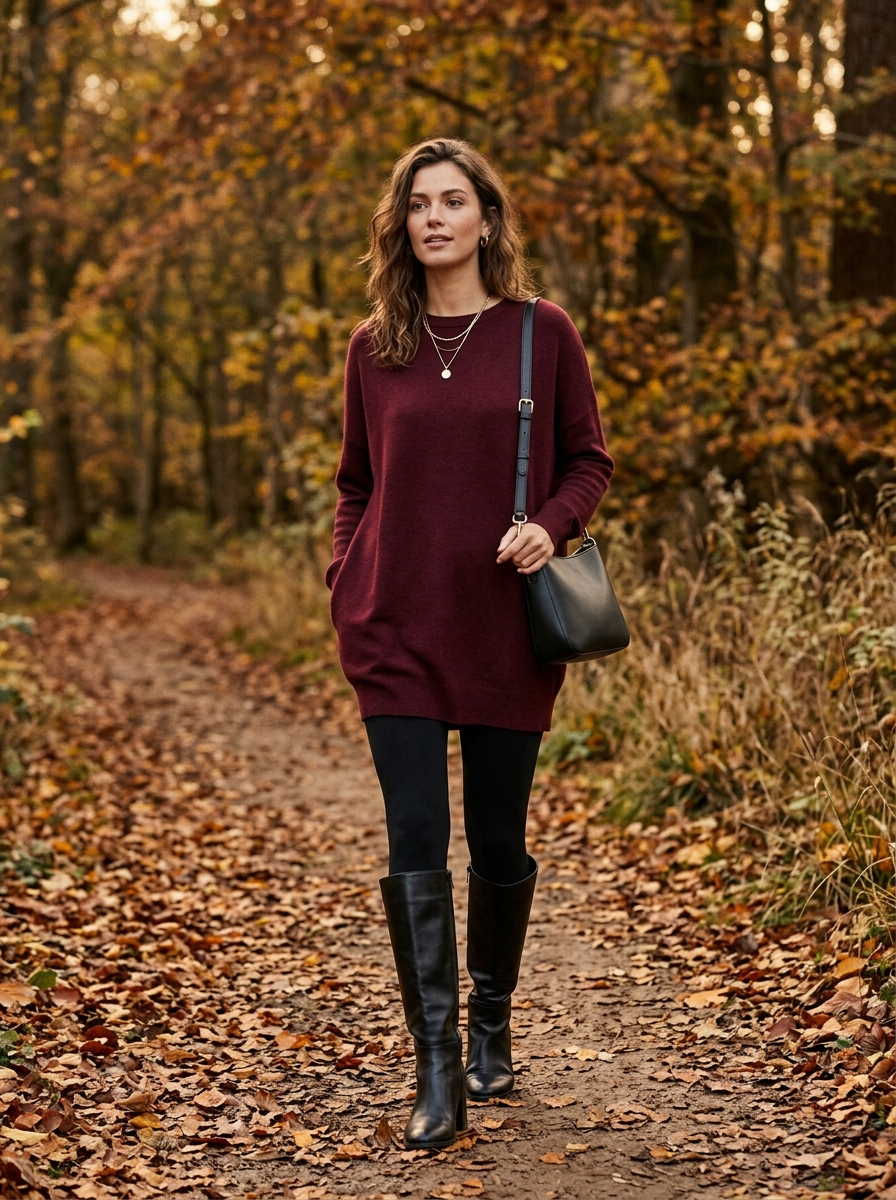 Burgundy Tunic With Black Leggings and Boots