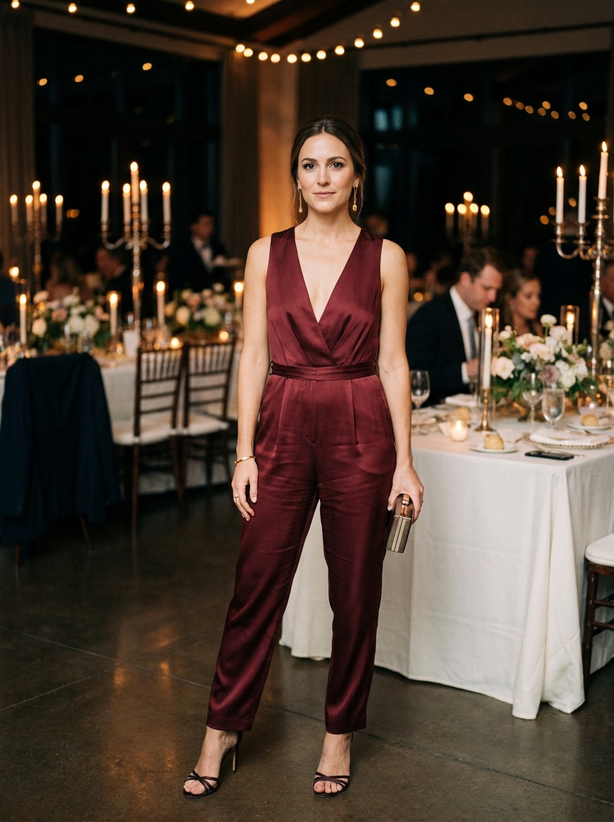 Burgundy V-Neck Jumpsuit With a Defined Waist
