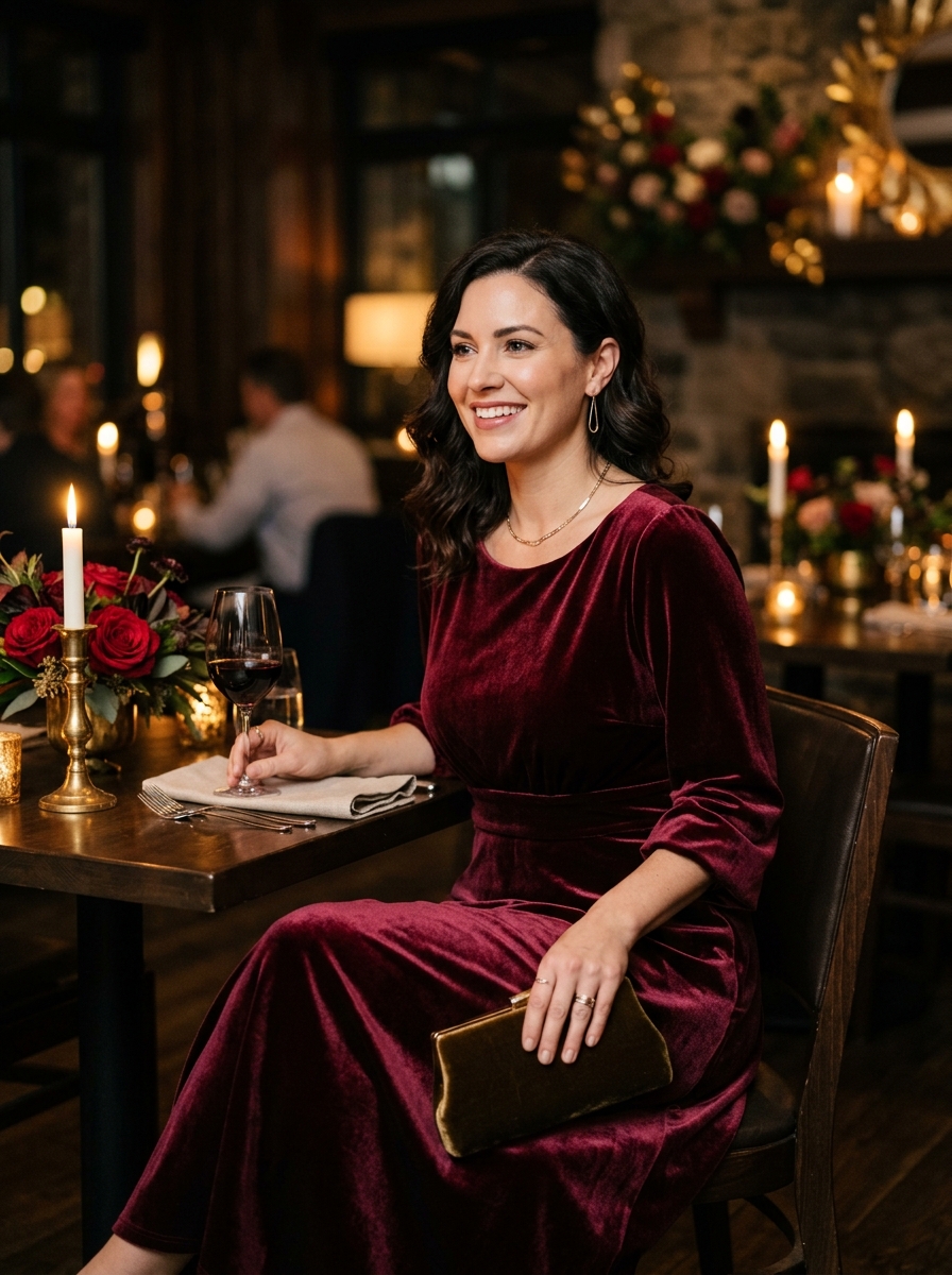 Burgundy Velvet Dress With Defined Waist