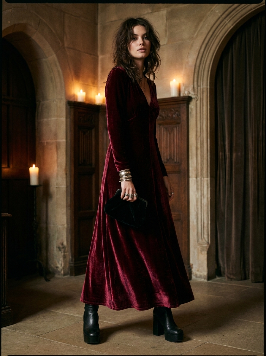 Burgundy Velvet Dress With Platform Boots