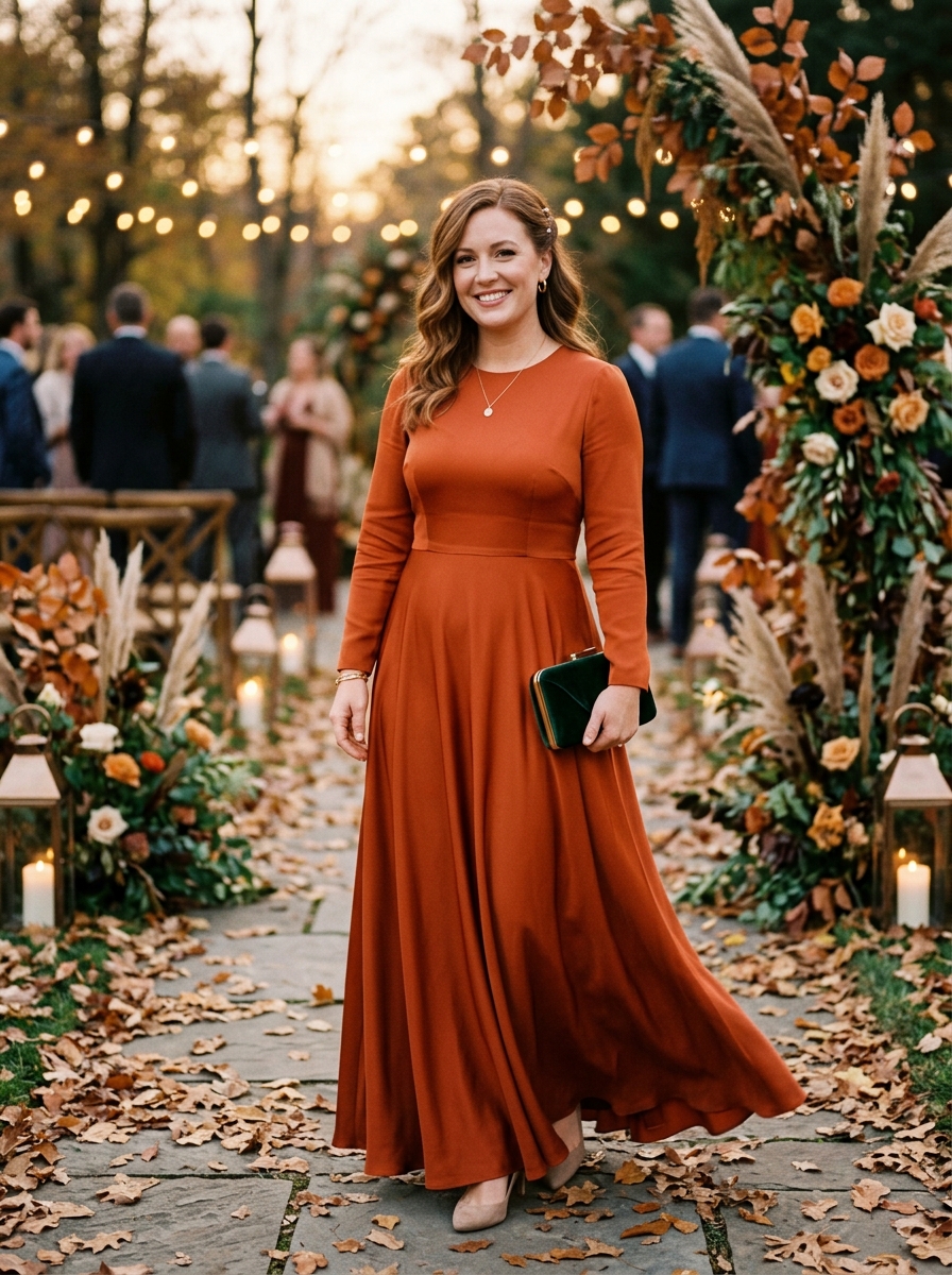 Burnt Orange Long-Sleeve Maxi Dress