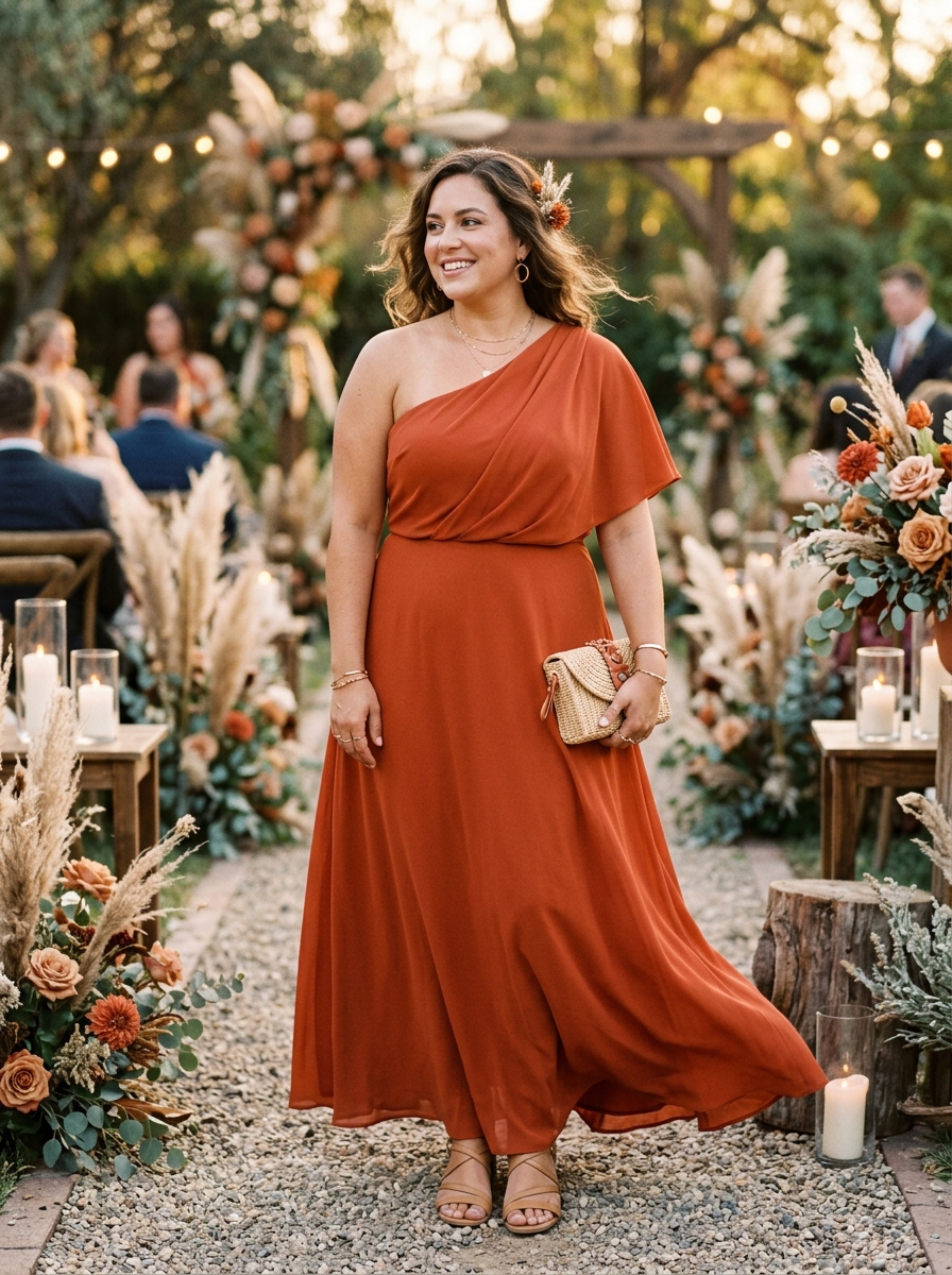 Burnt Orange One-Shoulder Maxi Dress