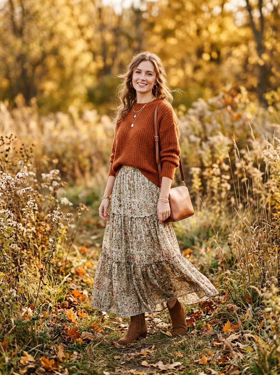Burnt Orange Sweater With a Tiered Maxi Skirt
