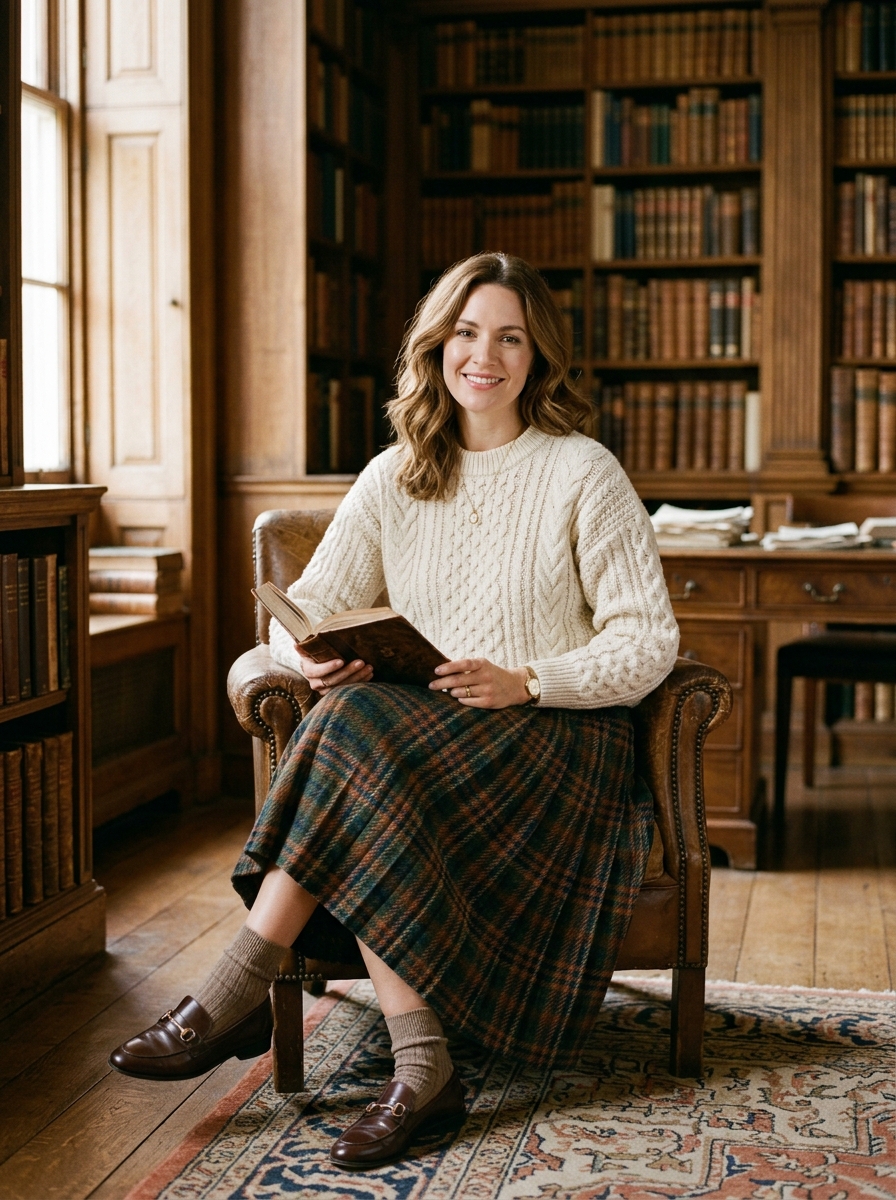 Cable-Knit Sweater With Check Midi Skirt