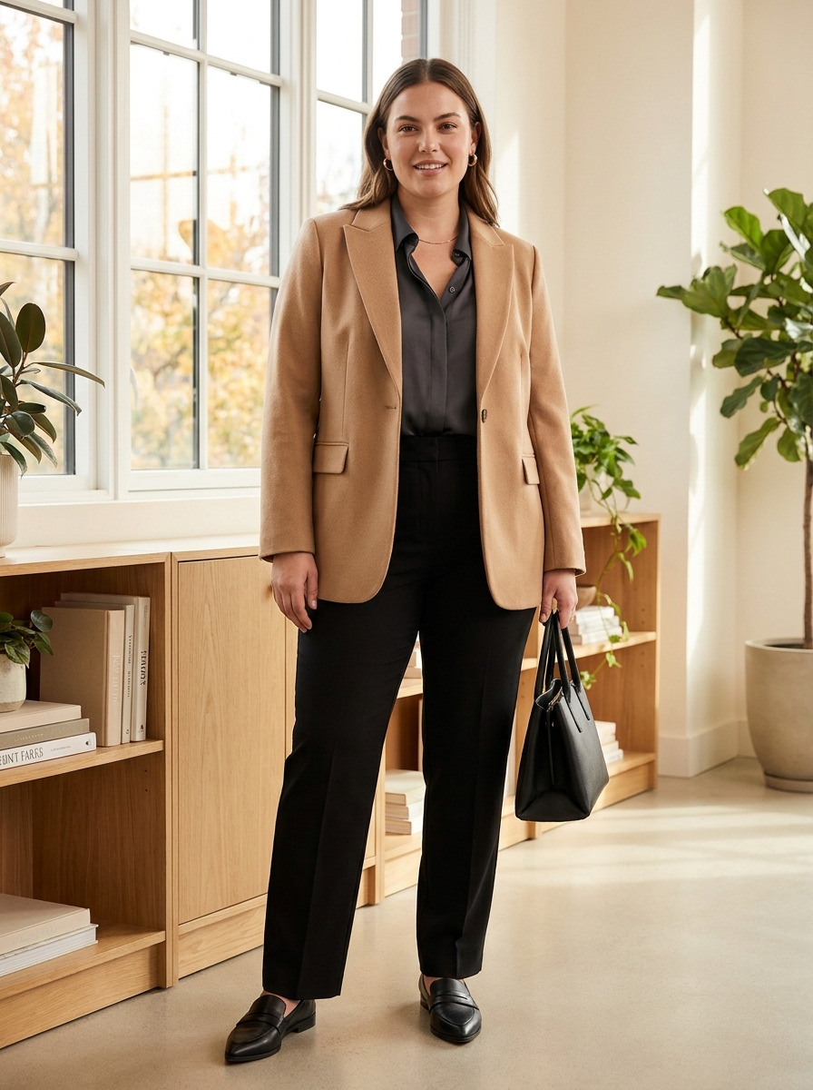 Camel Blazer With Black Straight-Leg Trousers
