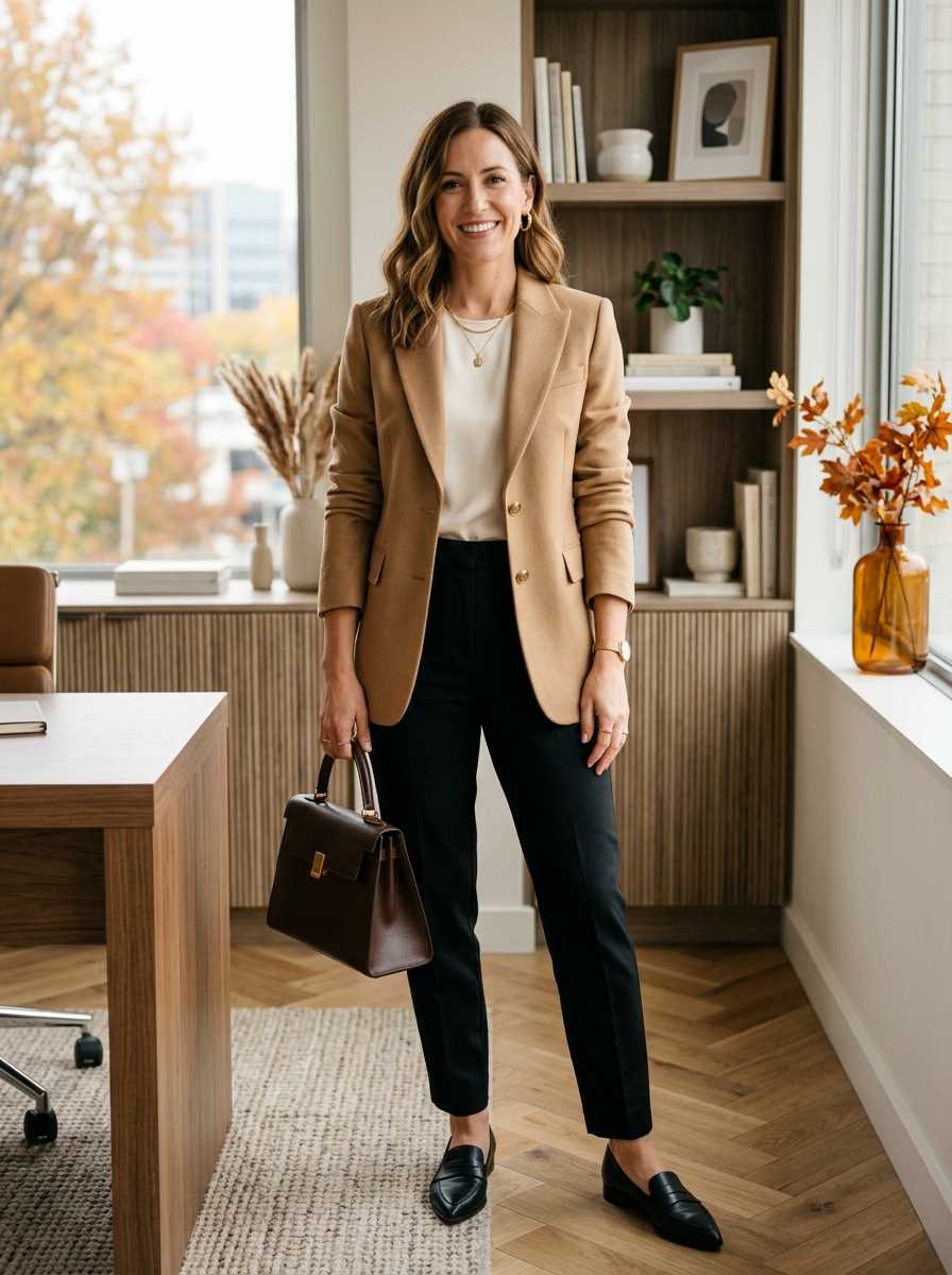Camel Blazer With Black Trousers