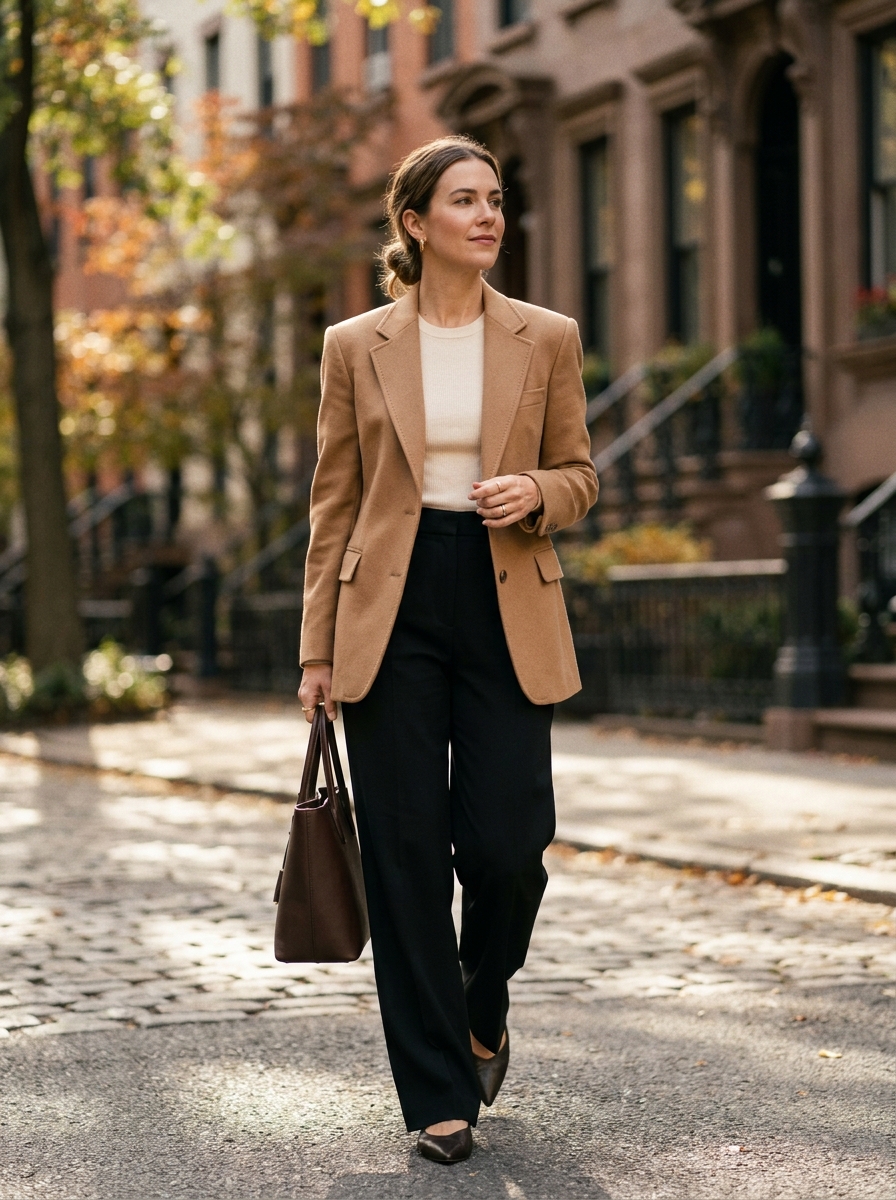 Camel Blazer With Black Wide-Leg Trousers