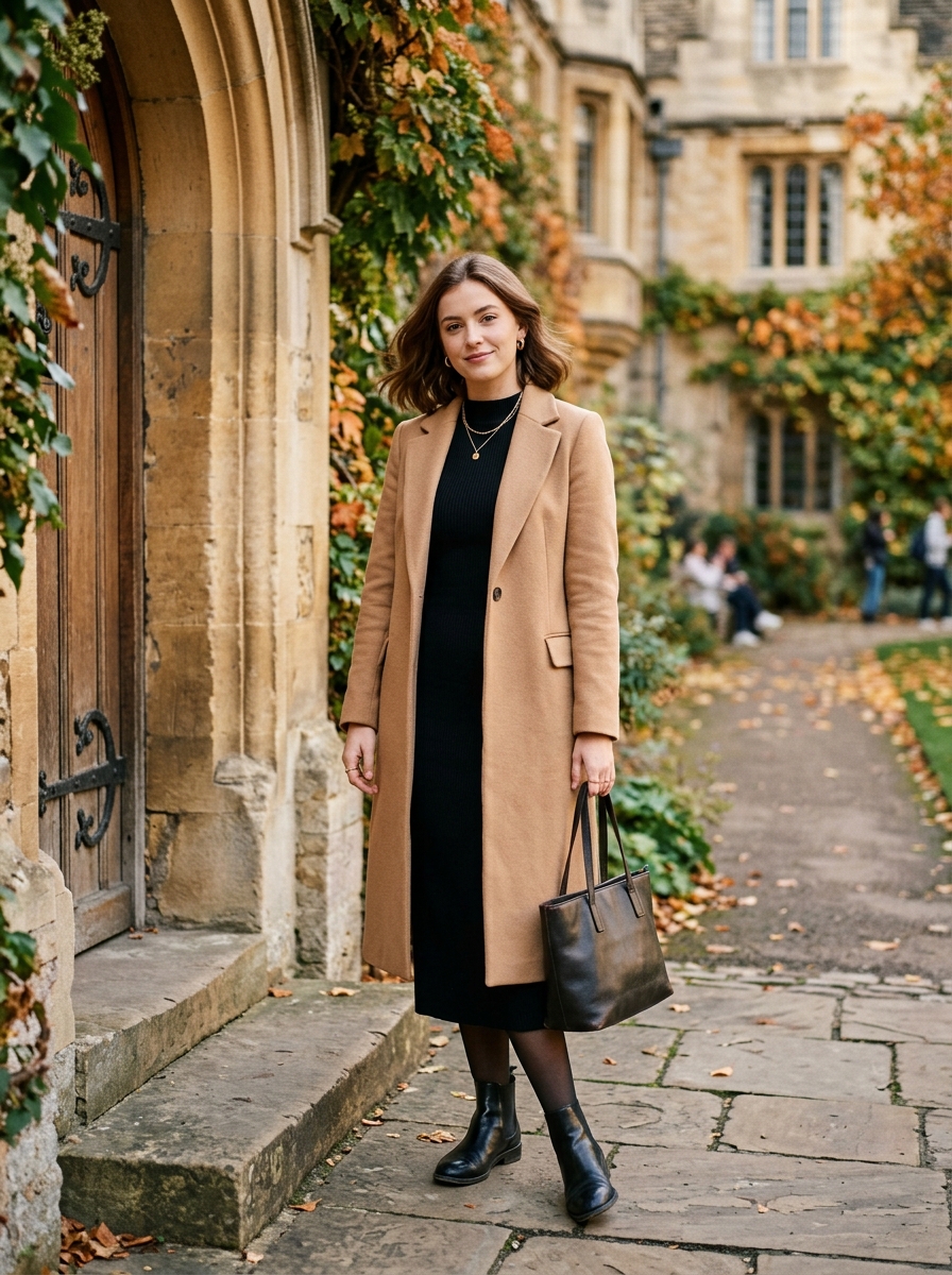 Camel Coat With Black Knit Dress
