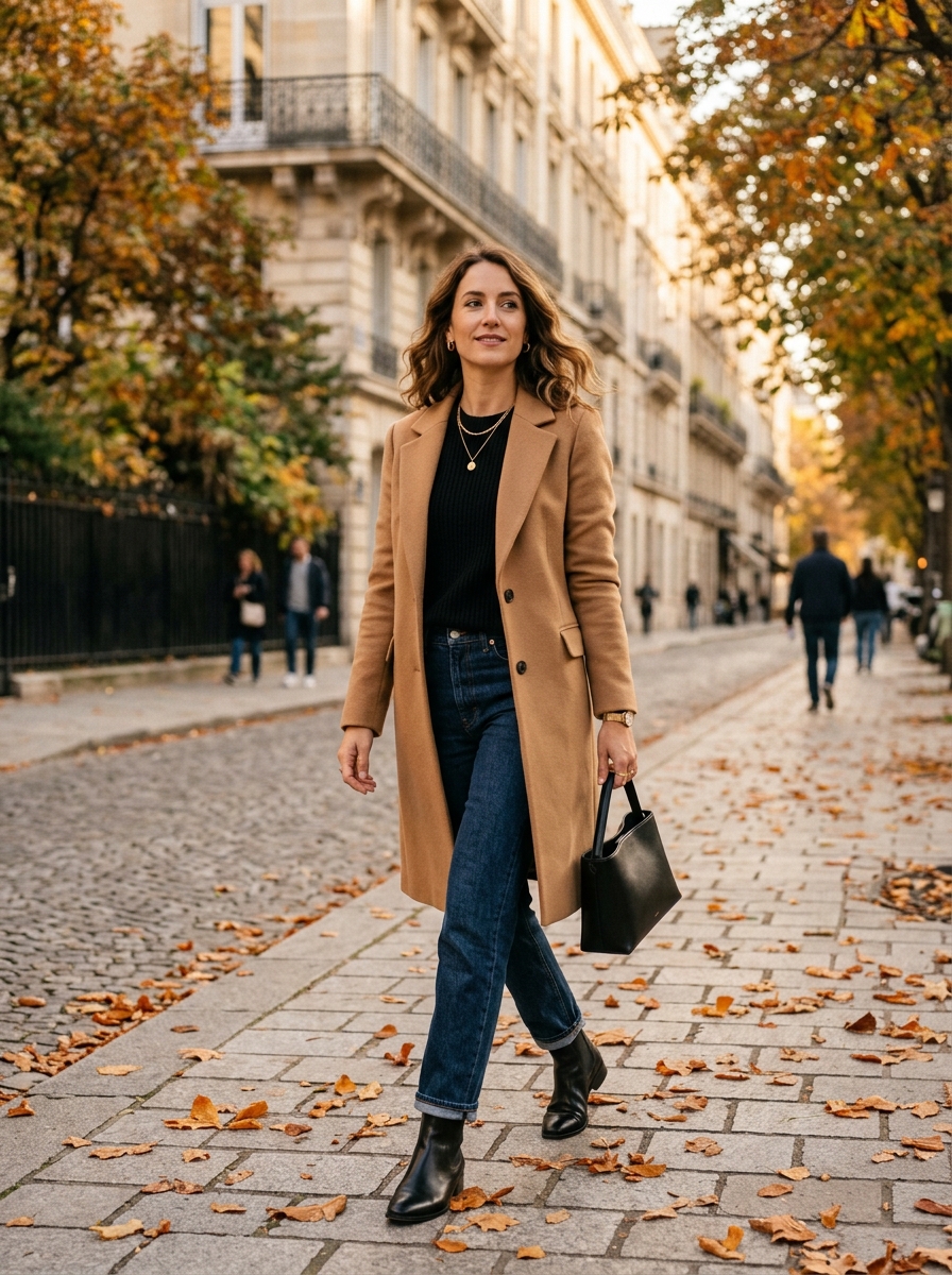 Camel Coat With Black Knit and Straight Jeans