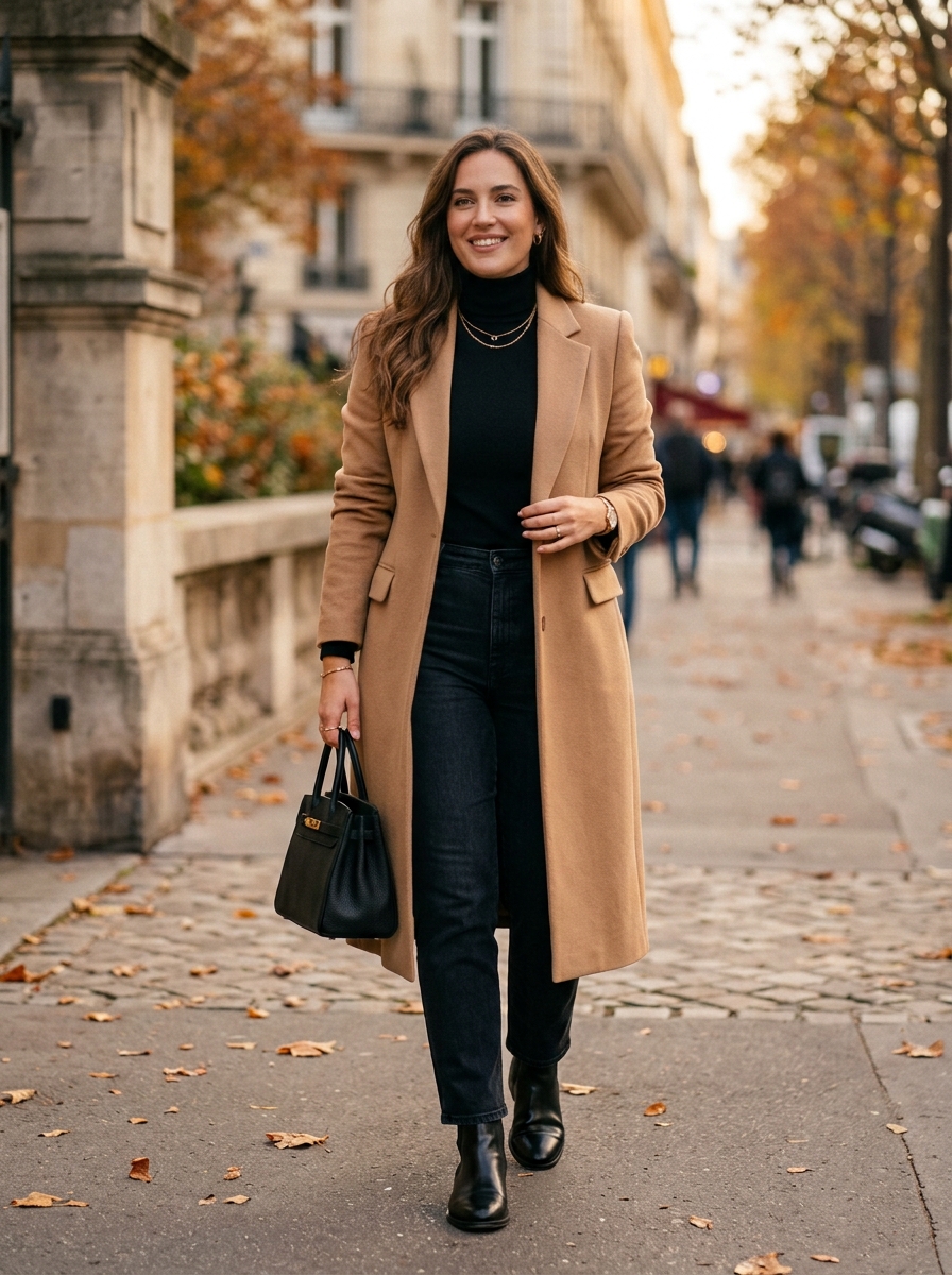 Camel Coat With Black Turtleneck and Straight Jeans