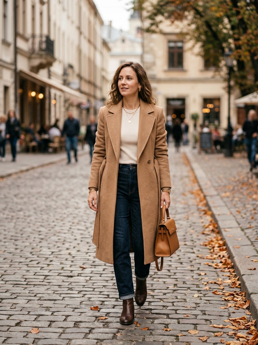 Camel Coat With Dark Straight Jeans