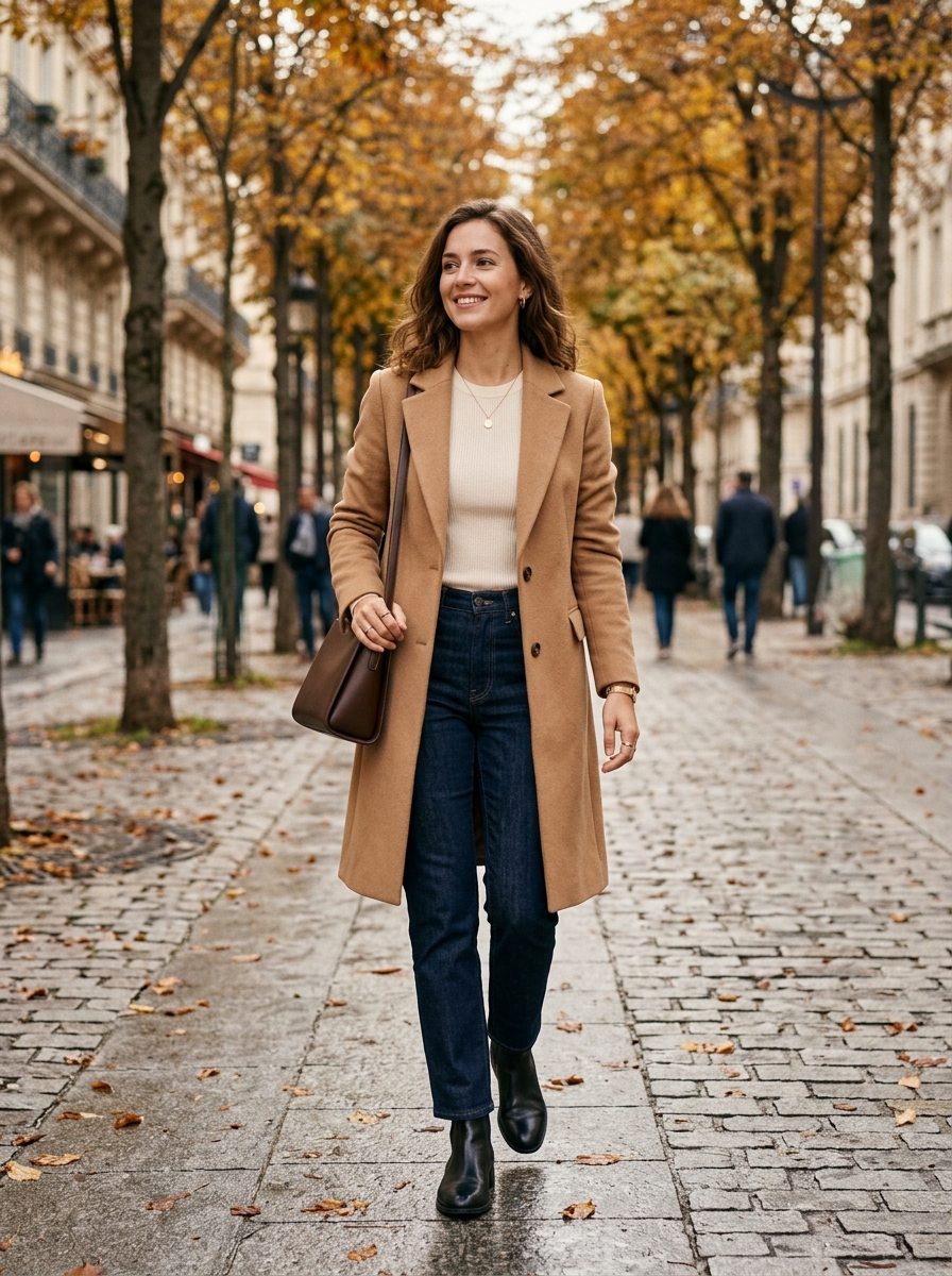 Camel Coat With Dark Straight-Leg Jeans