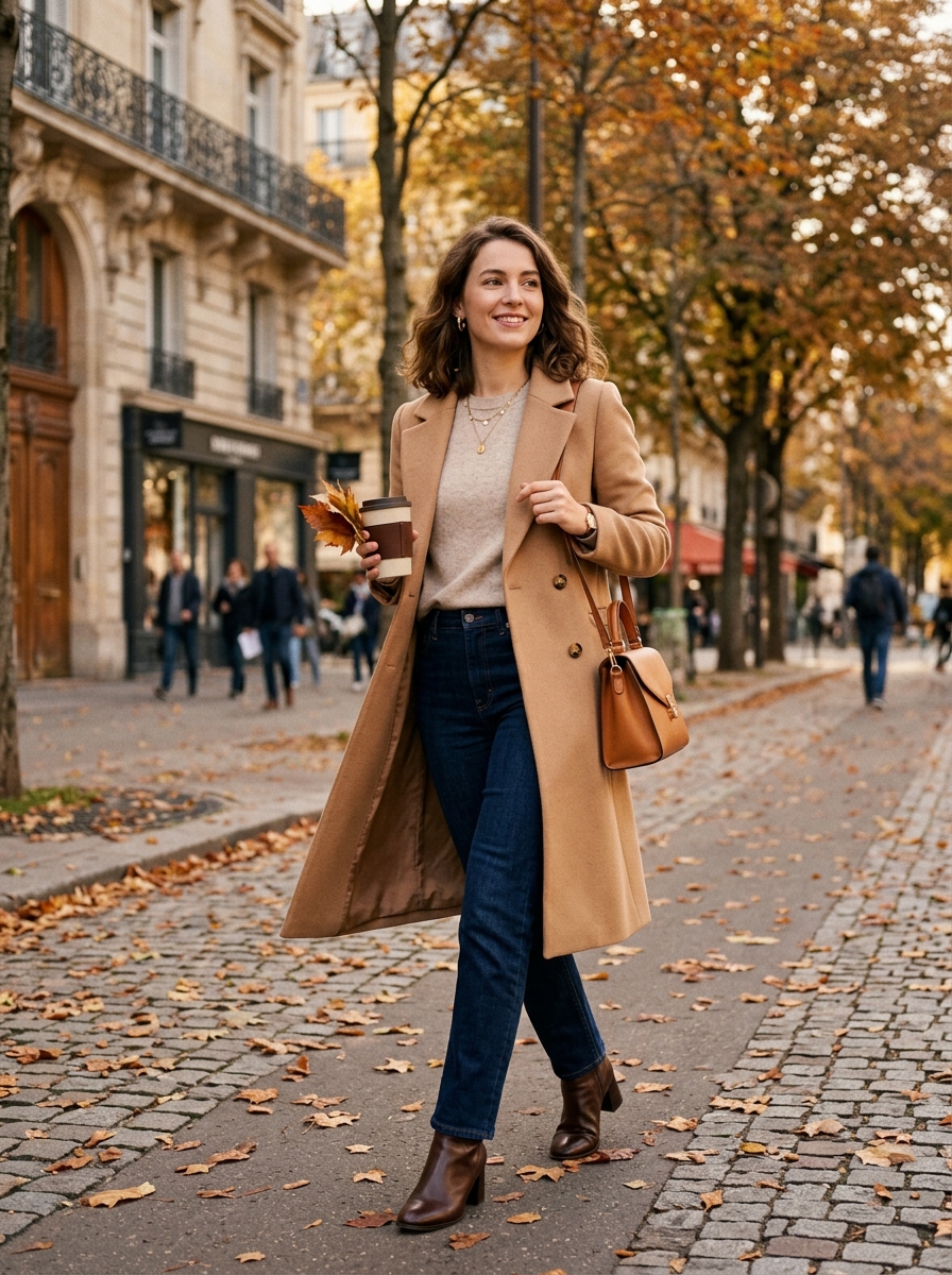 Camel Coat With Dark Straight-Leg Jeans