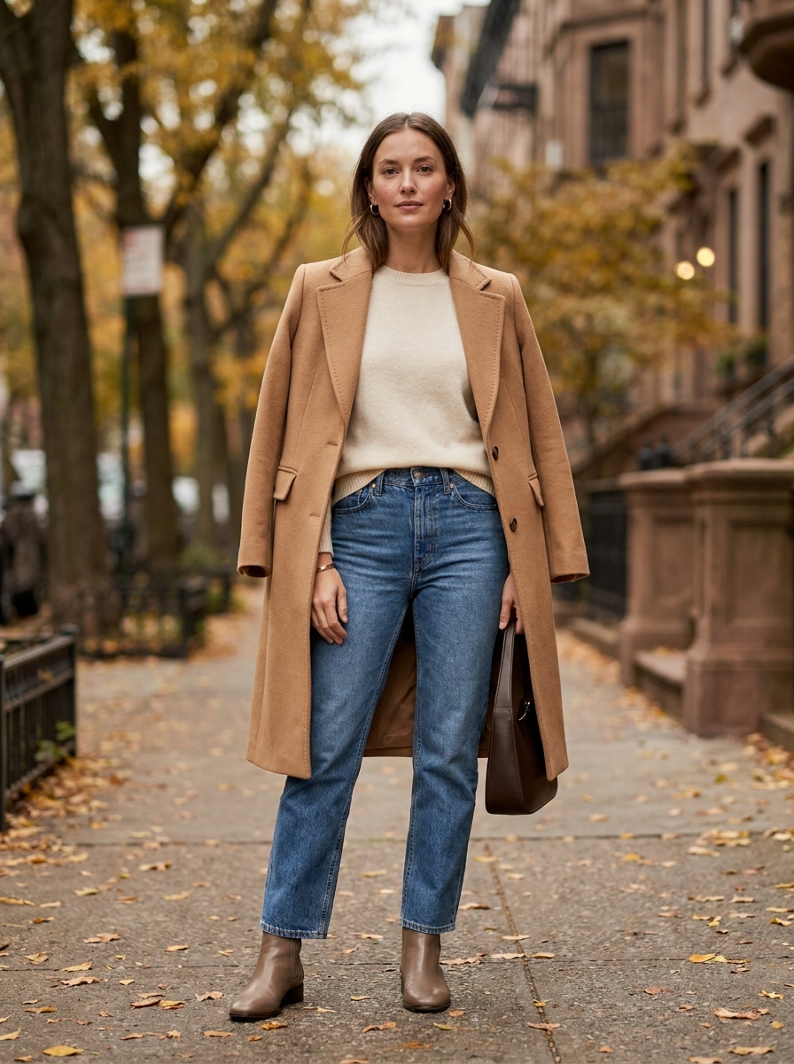 Camel Coat With Straight-Leg Jeans