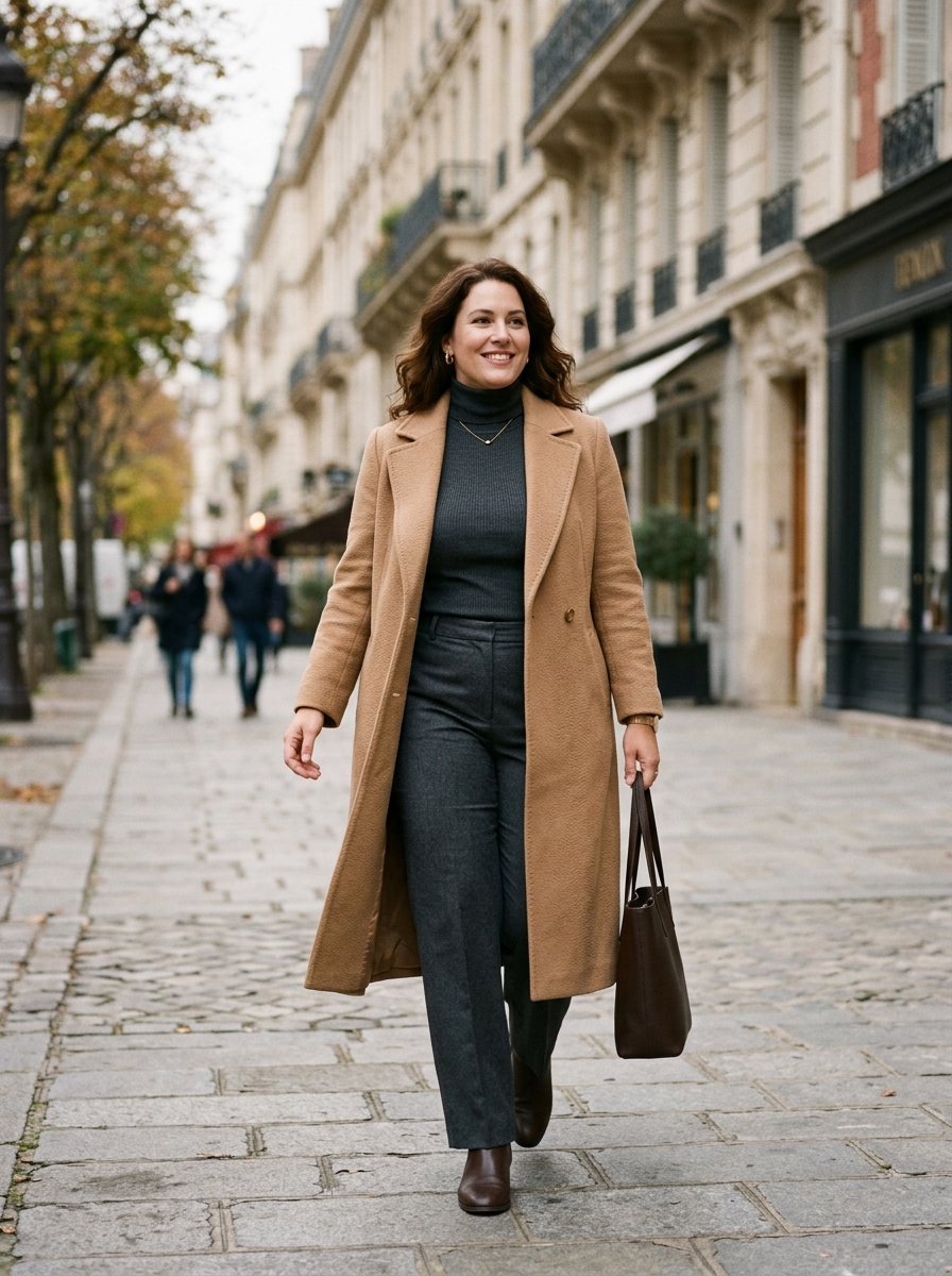 Camel Coat With Turtleneck and Straight Trousers