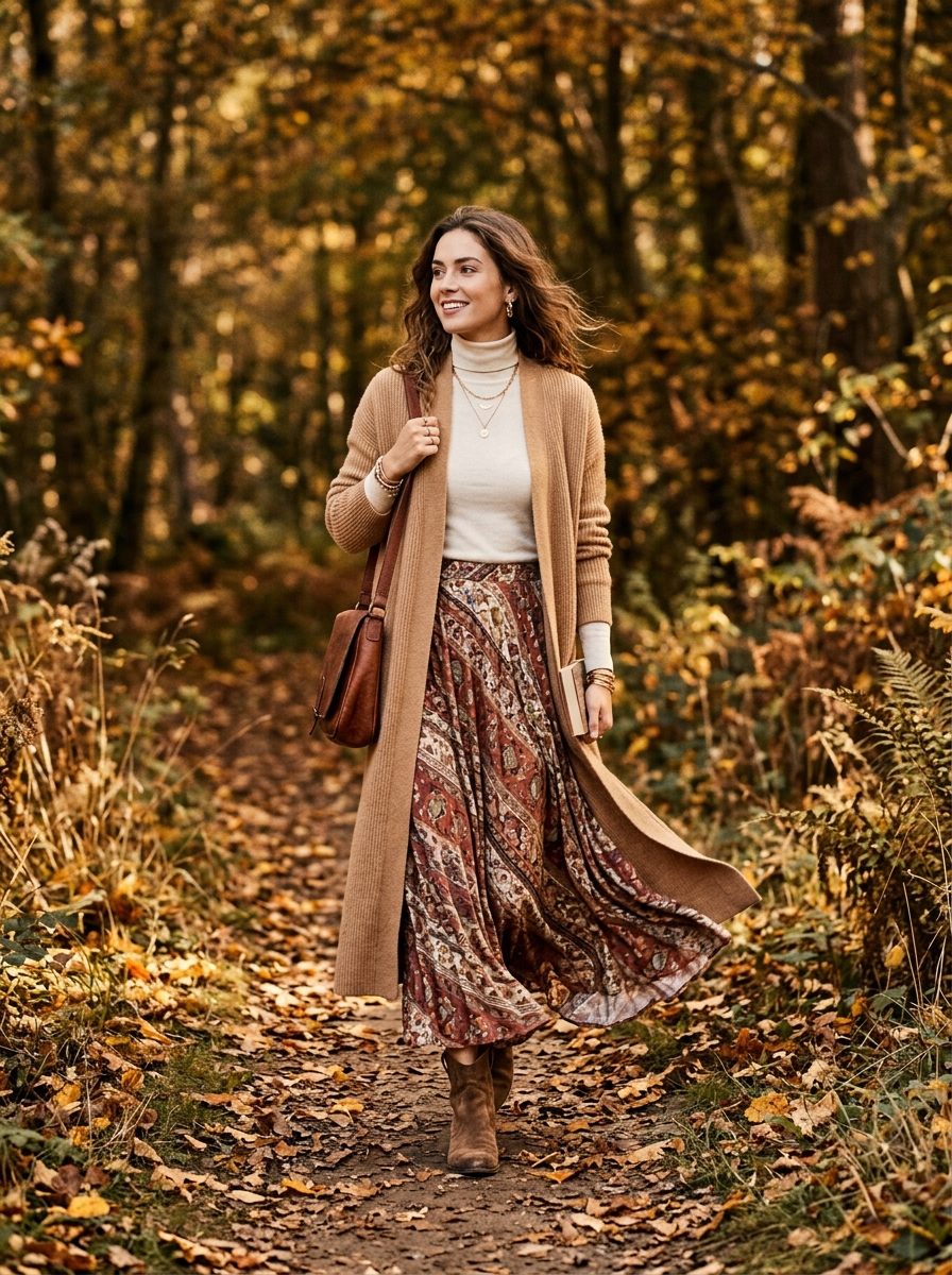 Camel Duster Cardigan With a Printed Maxi Skirt