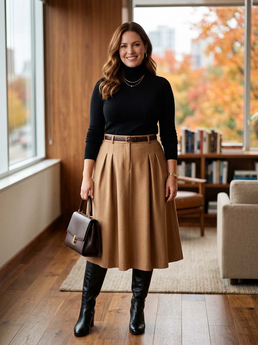 Camel Midi Skirt With Black Turtleneck