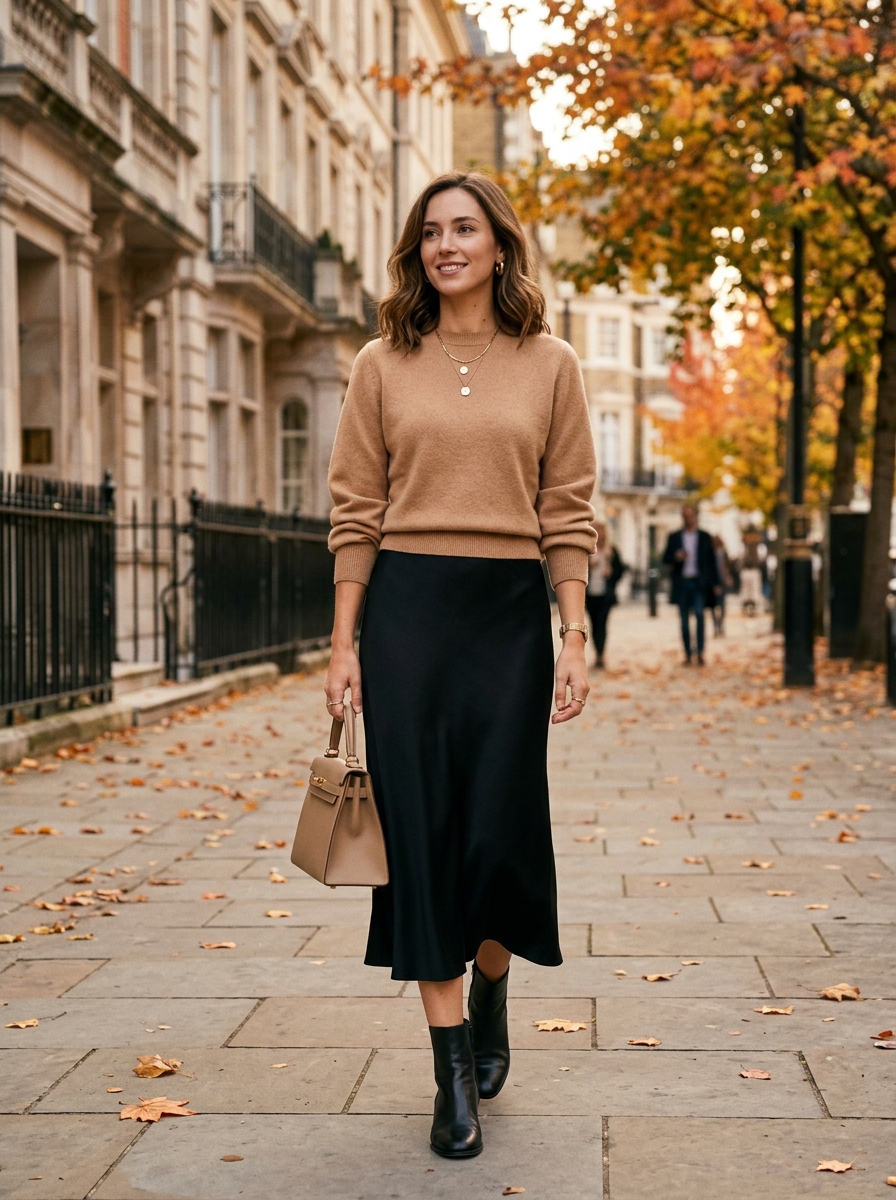 Camel Sweater With Black Midi Skirt and Boots