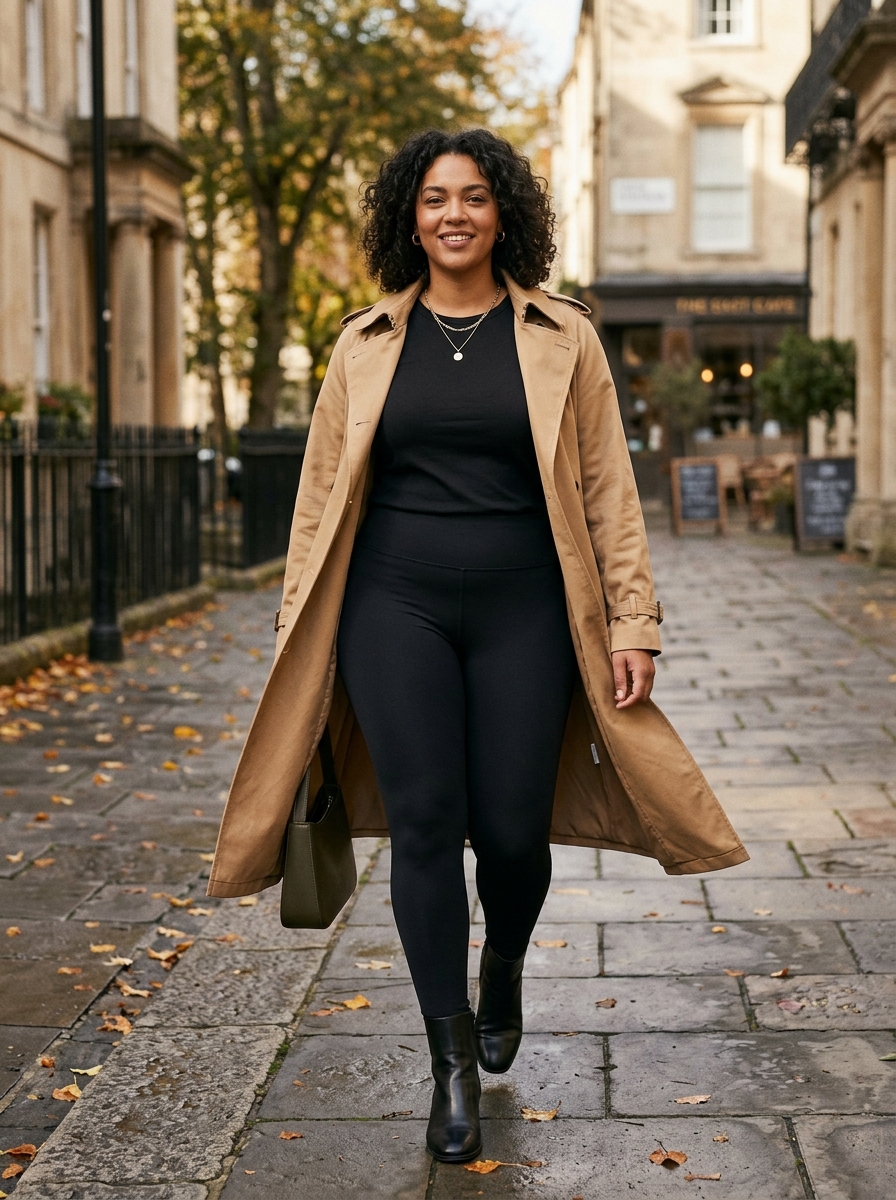 Camel Trench With Black Leggings and a Fitted Tee