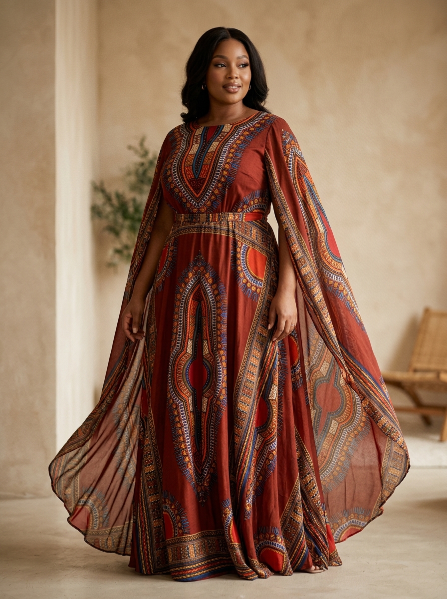 Cape-Sleeve Maxi Dress With Bold Print
