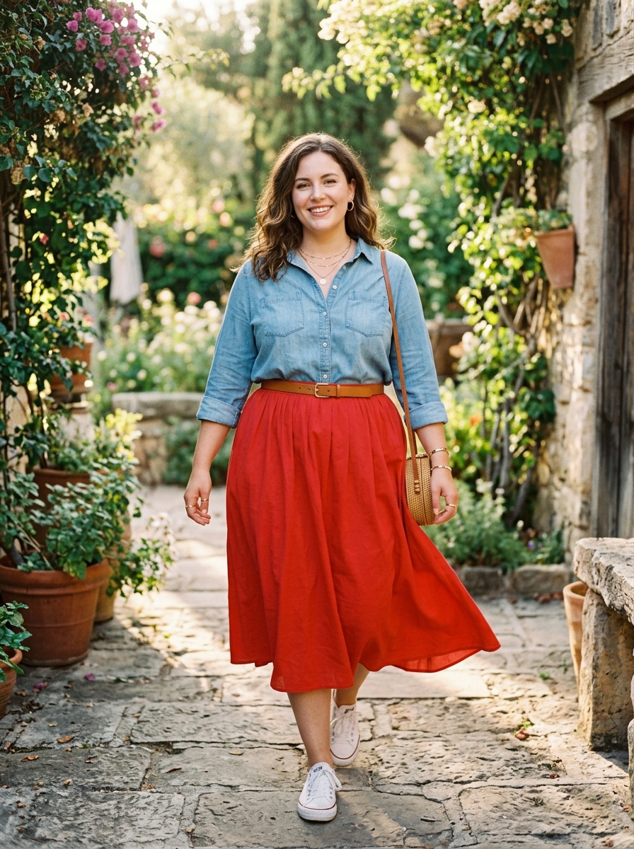 Chambray Shirt With Red Midi Skirt