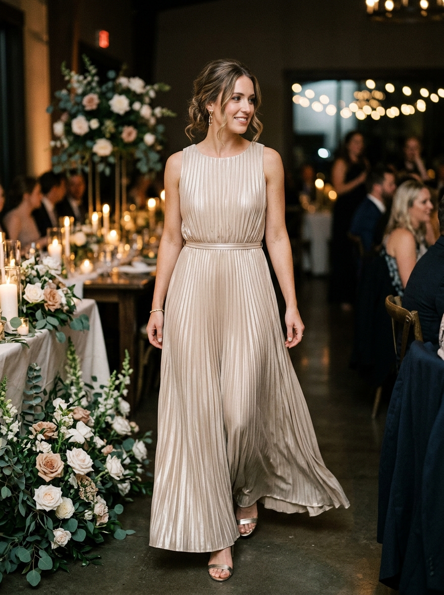Champagne Pleated Maxi Dress
