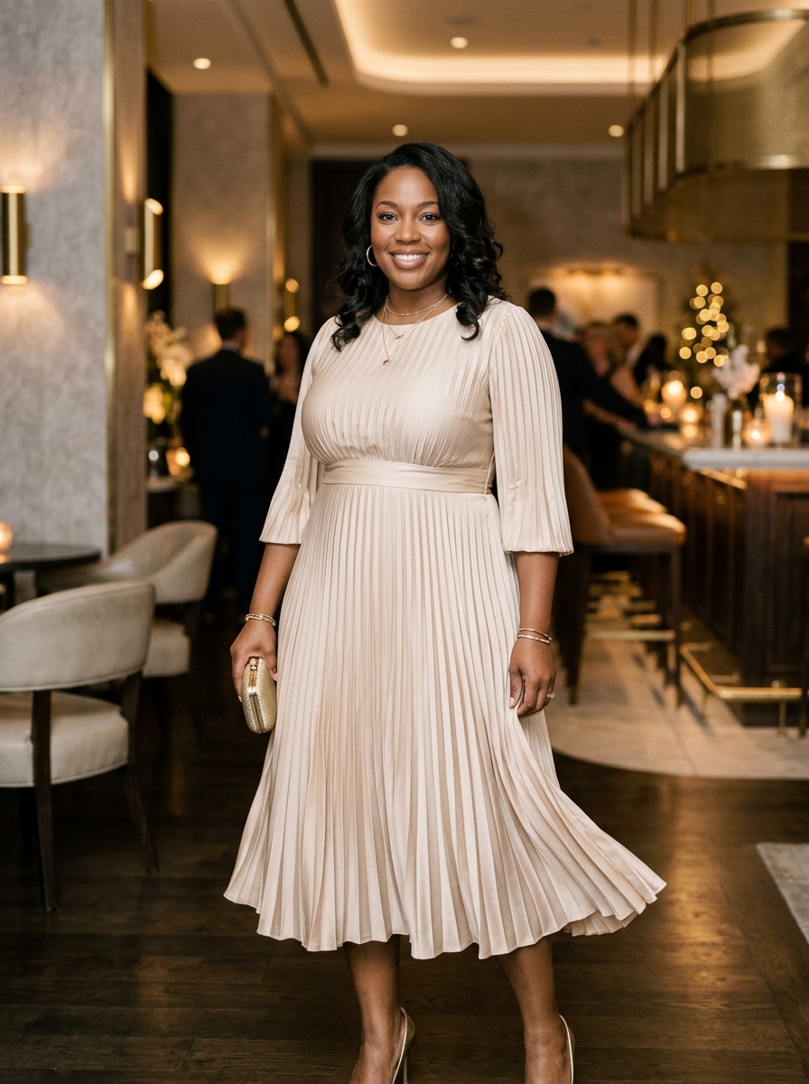 Champagne Pleated Midi Dress