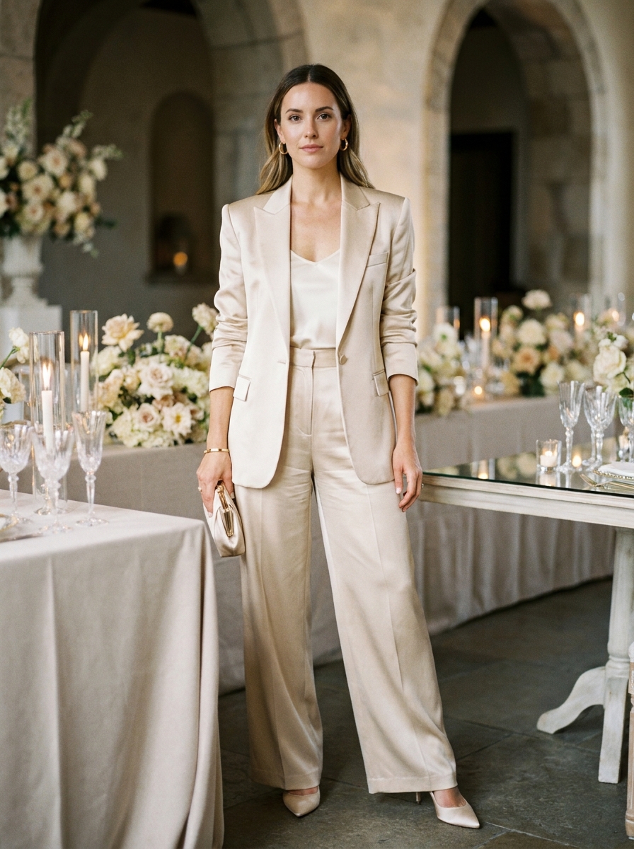 Champagne Wide-Leg Suit With a Silky Camisole
