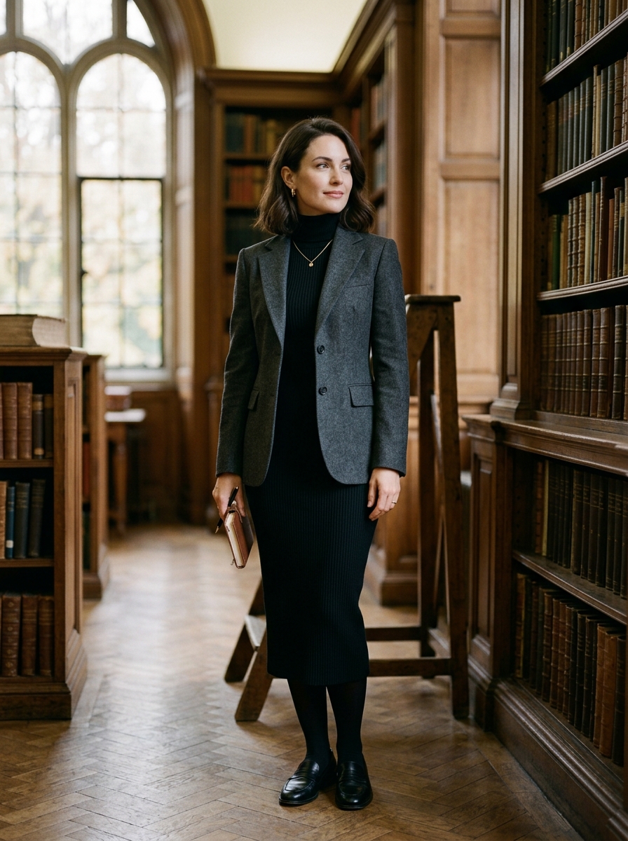 Charcoal Blazer With Turtleneck and Midi Dress
