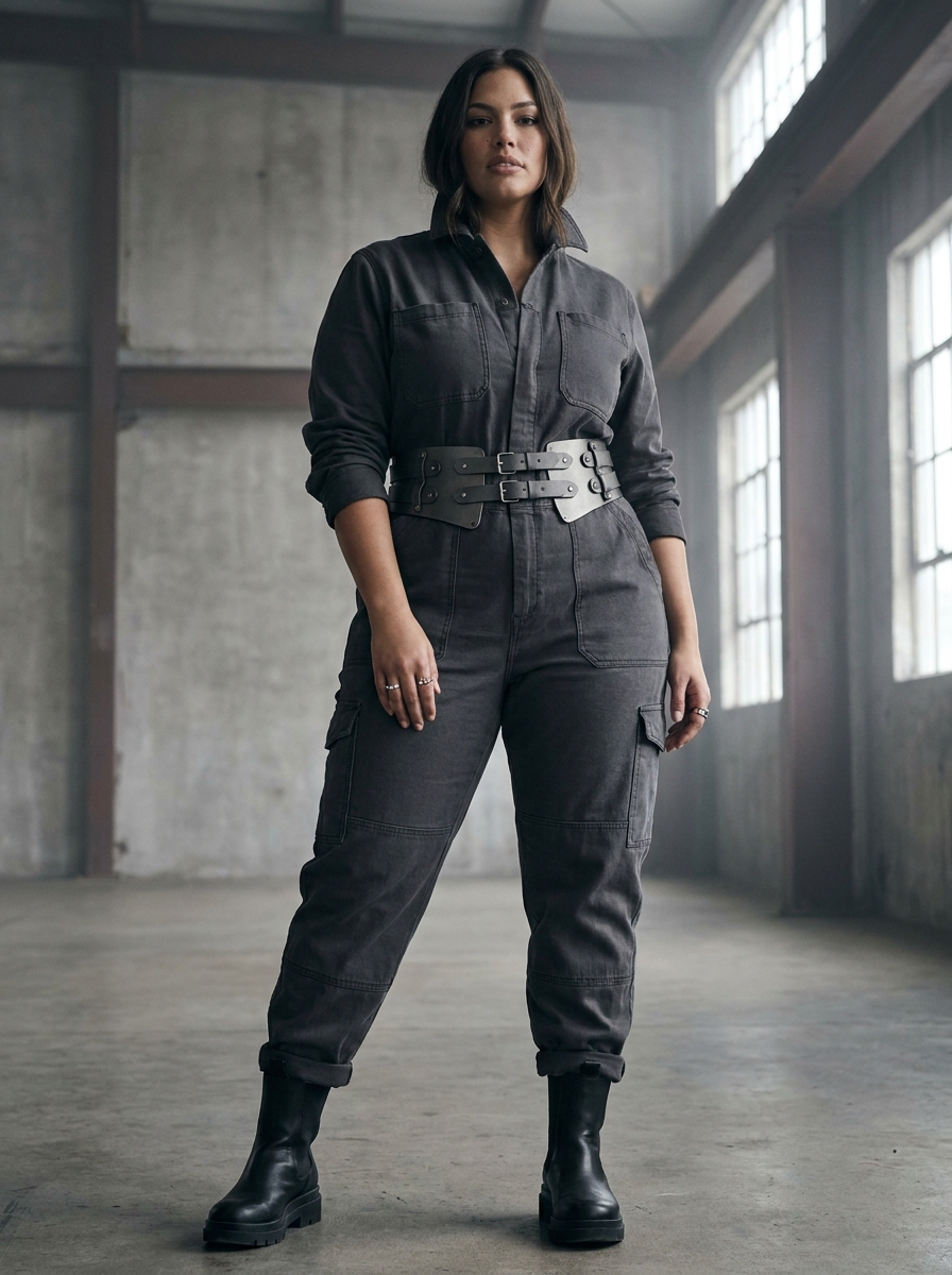 Charcoal Boiler Suit With Armored Waist Belt