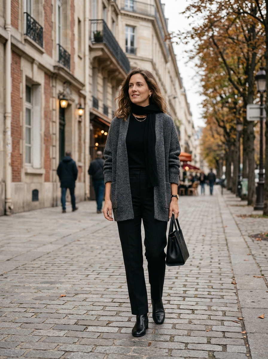 Charcoal Cardigan With Monochrome Black Basics