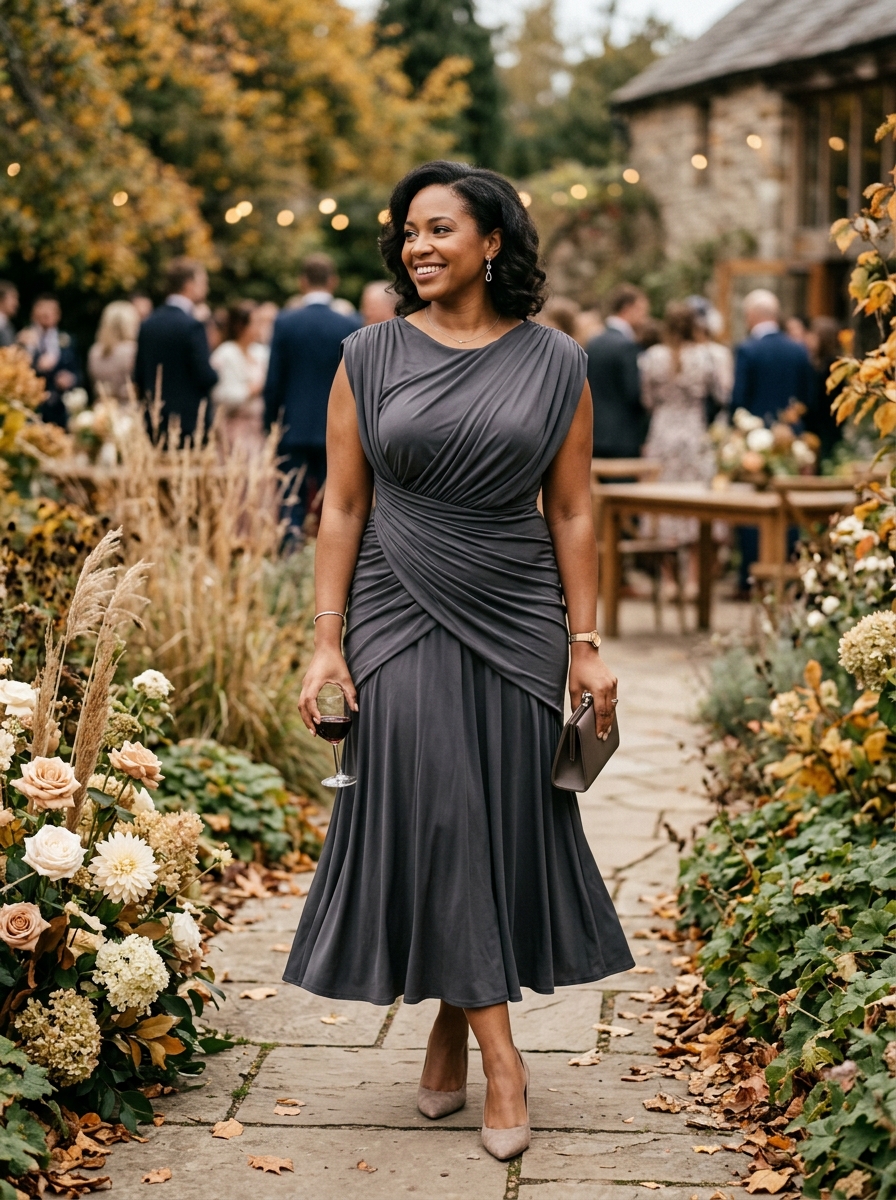 Charcoal Gray Draped Midi Dress