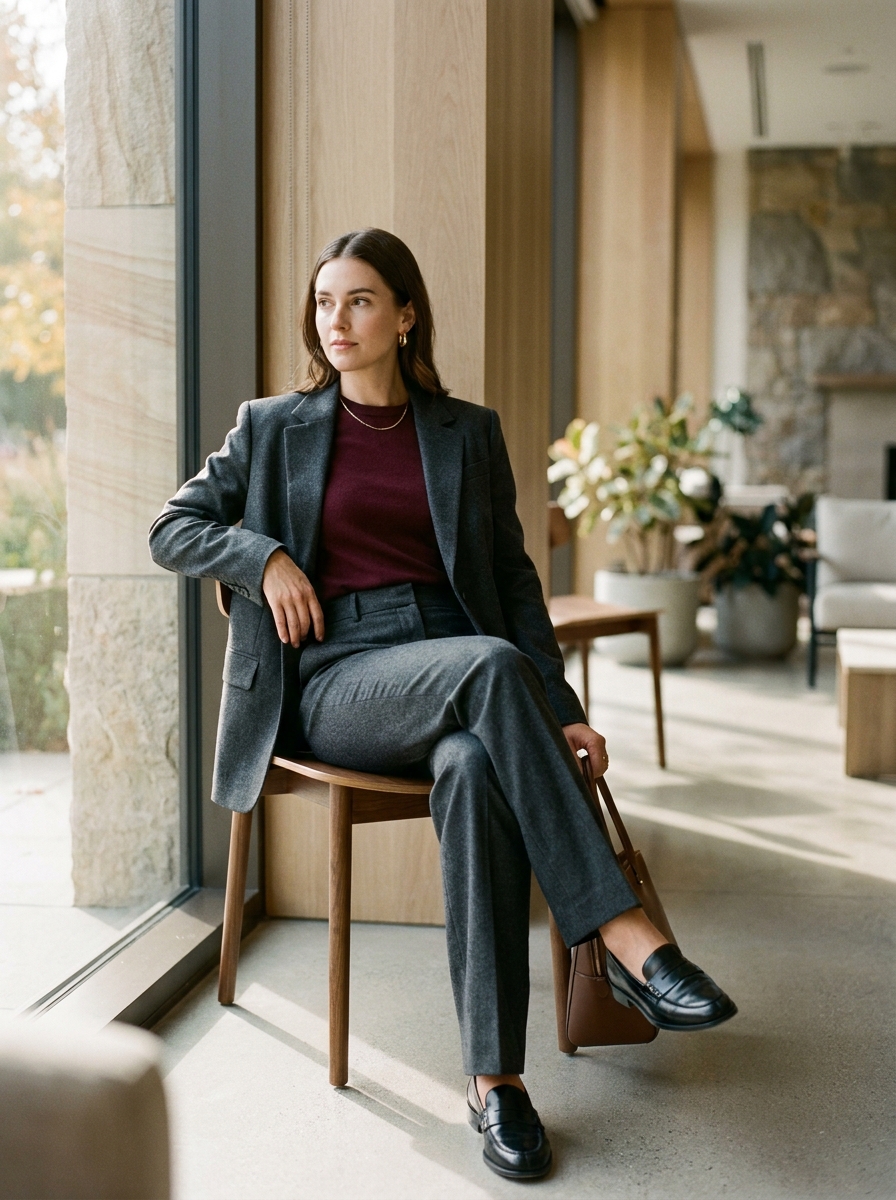 Charcoal Pantsuit With Burgundy Knit Top