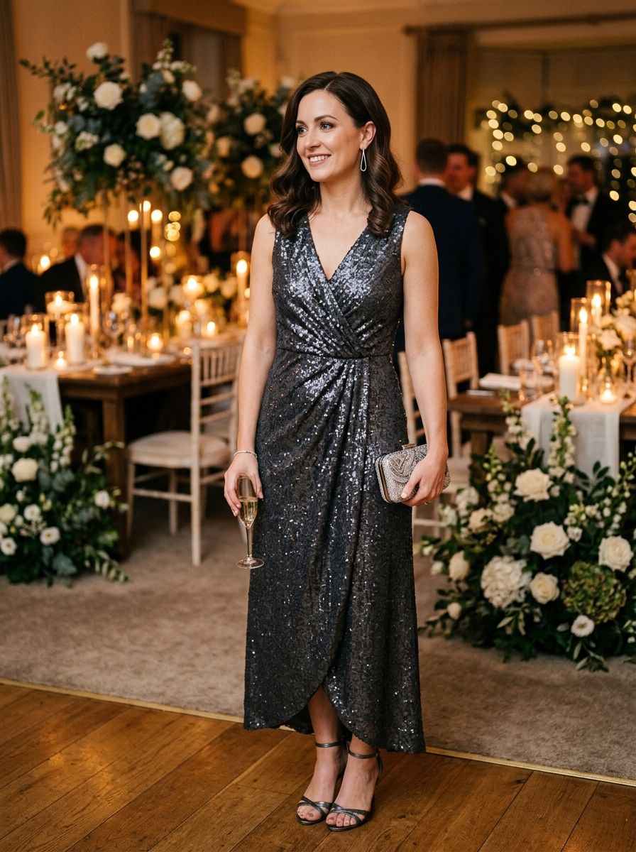Charcoal Sequin Wrap Dress