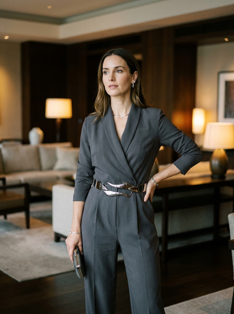 Charcoal Wrap Jumpsuit With Statement Belt