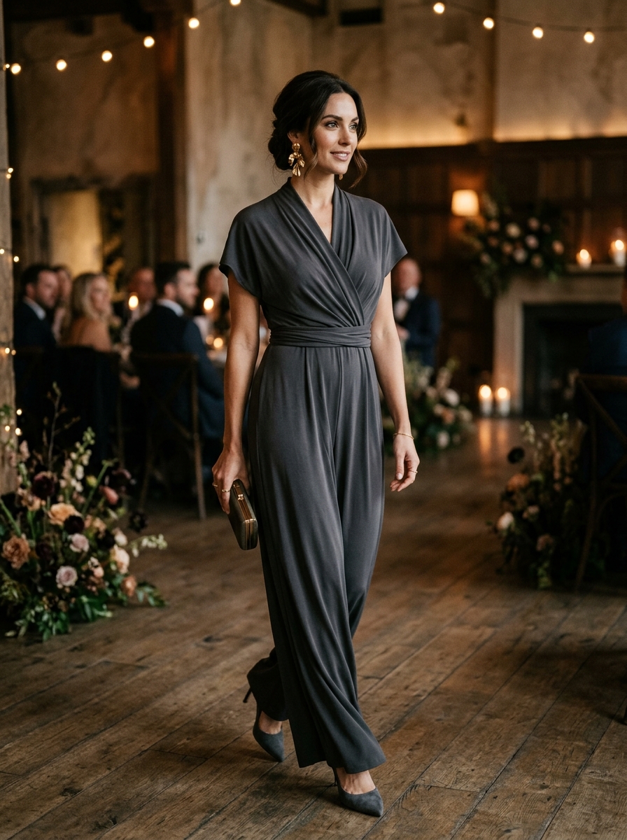 Charcoal Wrap Jumpsuit With Statement Earrings