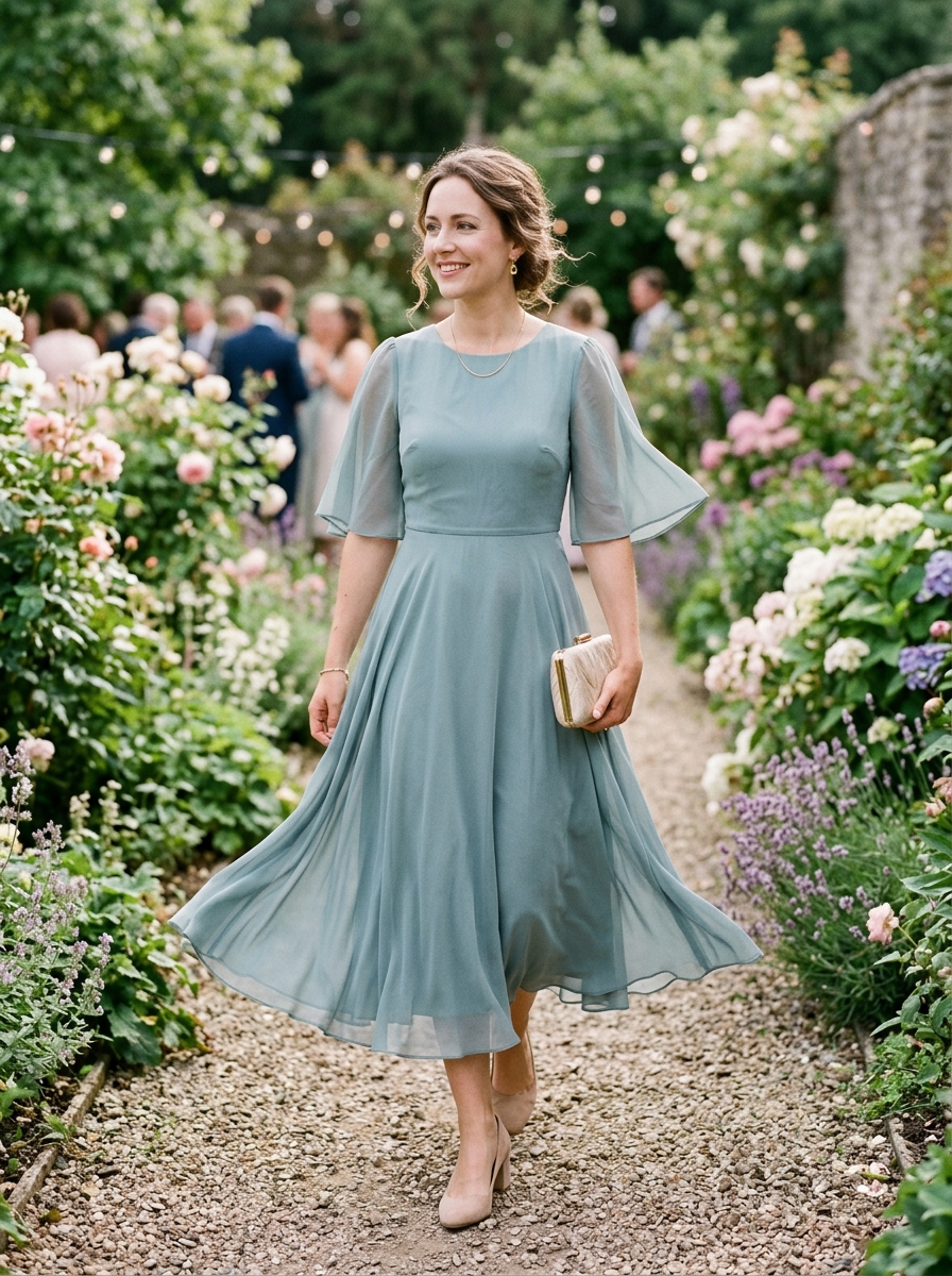 Chiffon A-Line Dress With Delicate Sleeves
