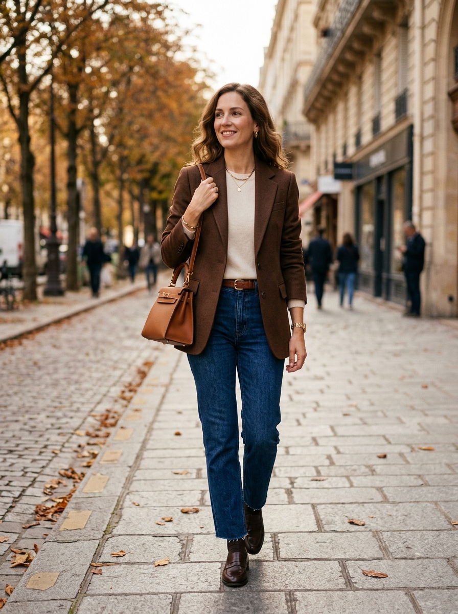 Chocolate Brown Blazer With Cream Knit and Jeans