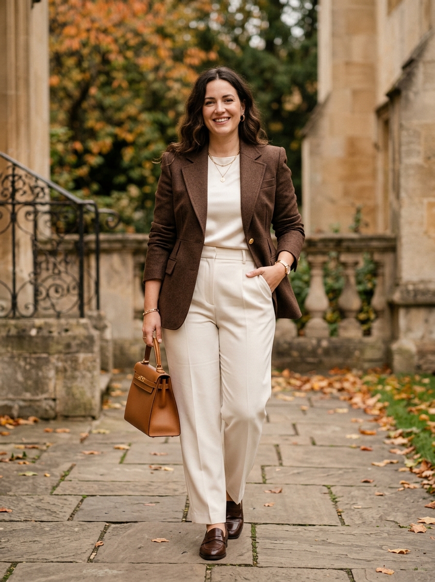 Chocolate Brown Blazer With Cream Trousers