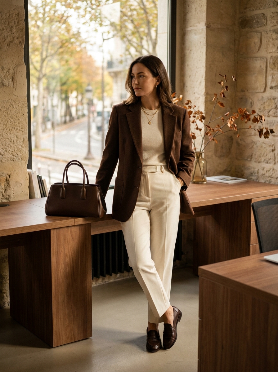 Chocolate Brown Blazer With Ivory Knit And Trousers