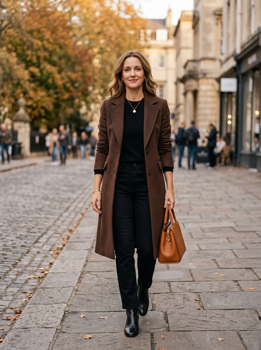Chocolate Brown Coat With Black Jeans and Knit Top