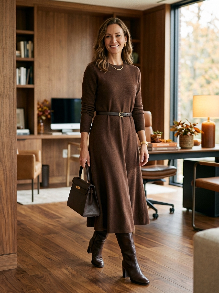 Chocolate Brown Knit Dress With Tall Boots