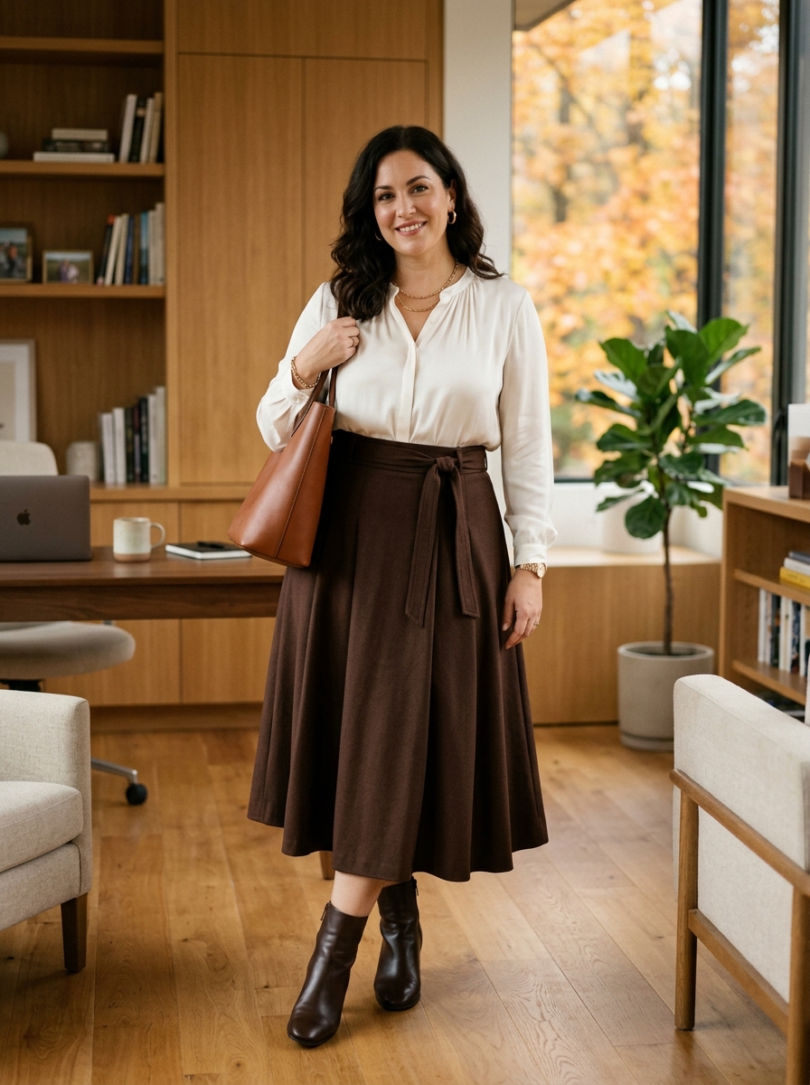 Chocolate Brown Midi Skirt With Ivory Blouse