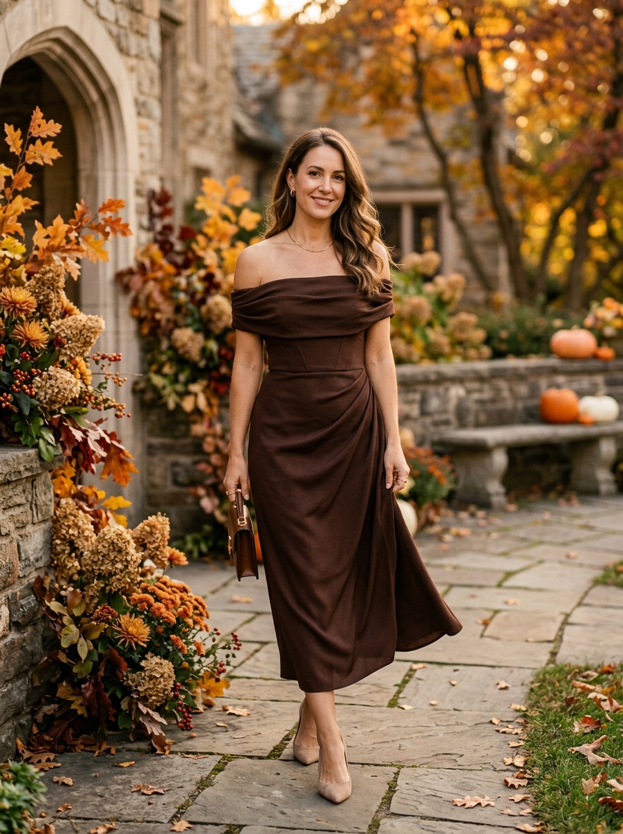 Chocolate Brown Off-Shoulder Midi Dress