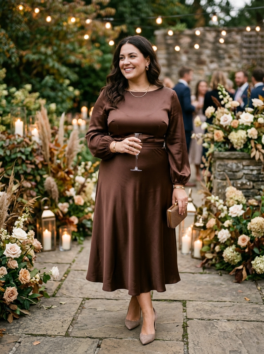 Chocolate Brown Satin Midi Dress