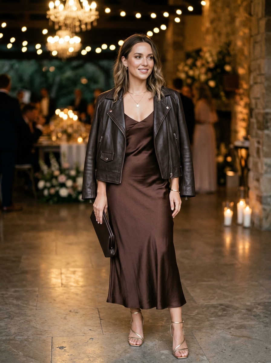 Chocolate Brown Slip Dress With a Moto Jacket