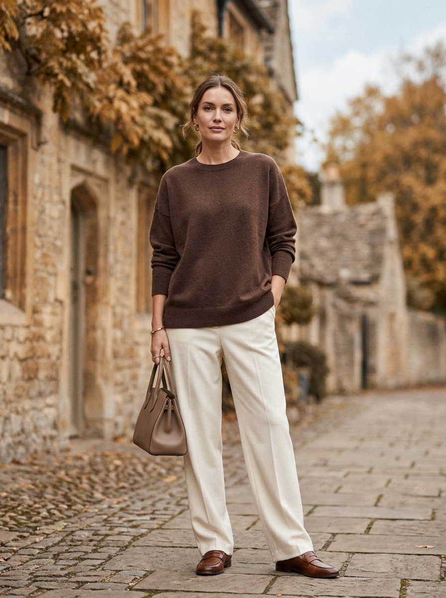 Chocolate Brown Sweater With Ivory Pants