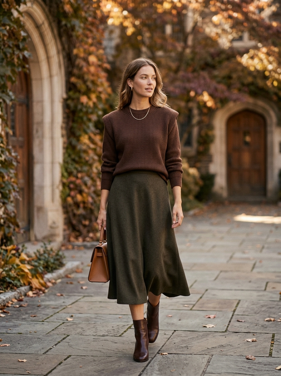 Chocolate Brown Sweater With Midi Skirt